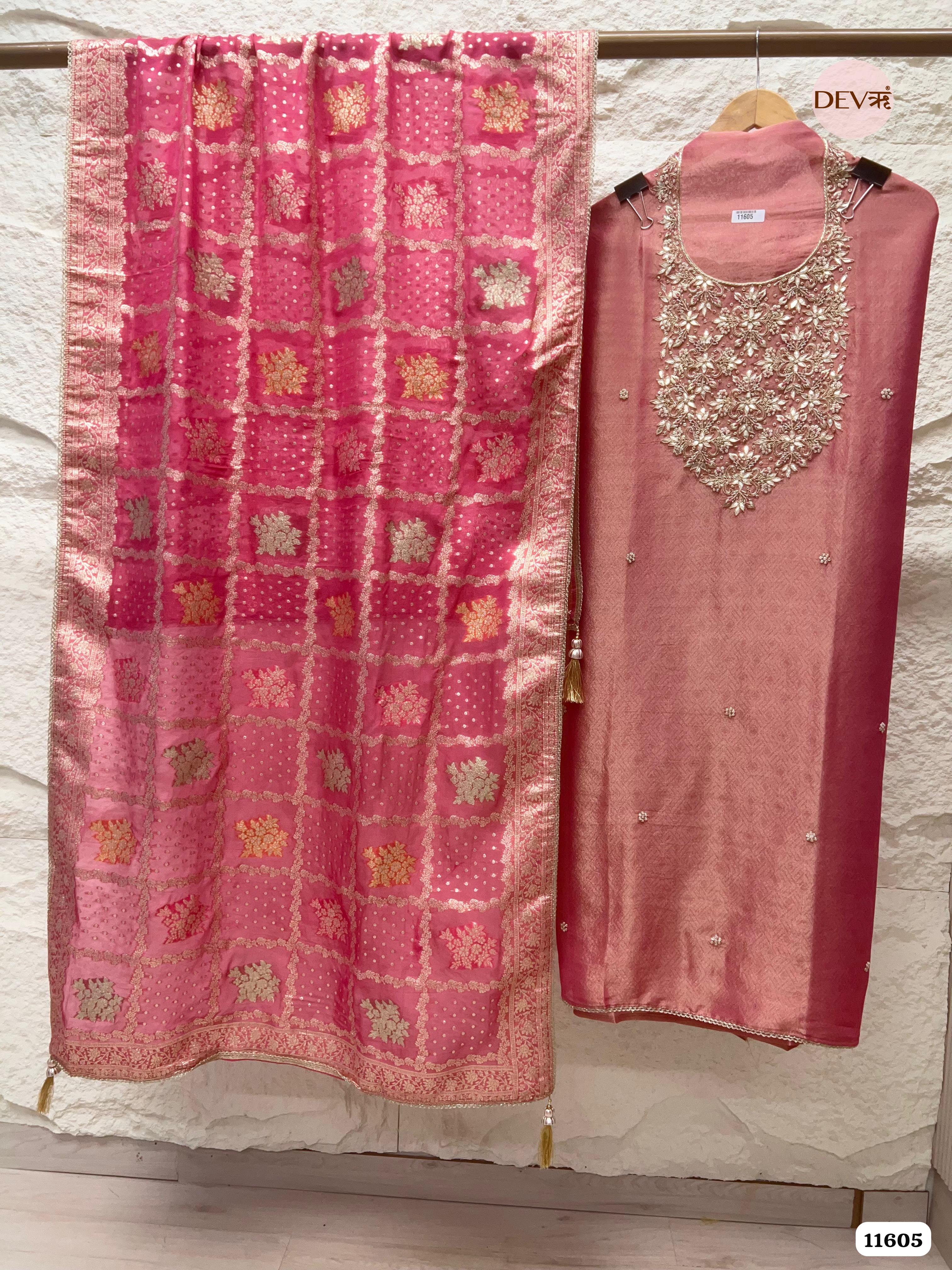 Rose Pink Pure Tissue Banarasi Silk Unstitched Hand Embroidered -Set Of 3 {11605}