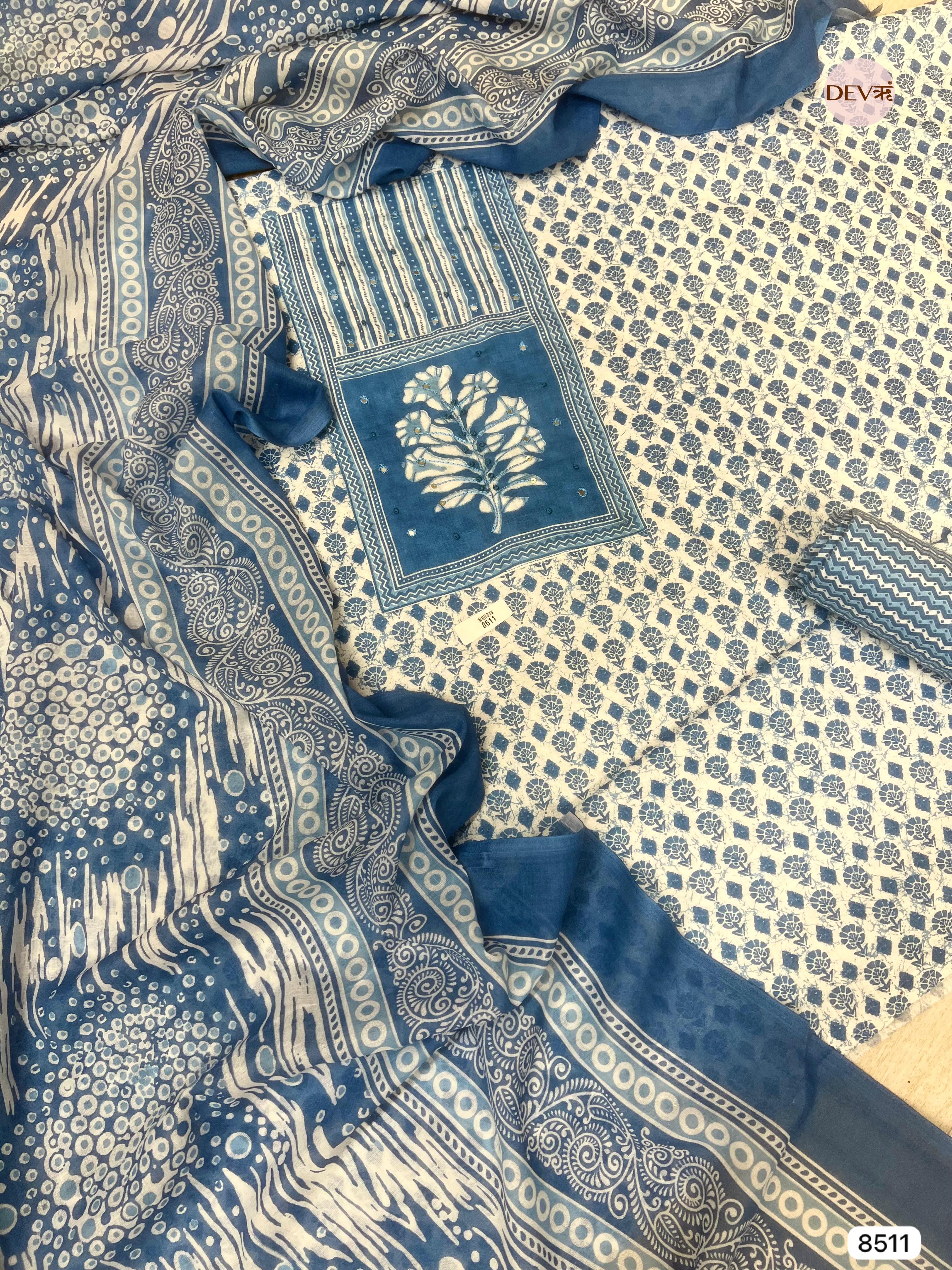 Blue Cotton Printed Unstitched -Set Of 3