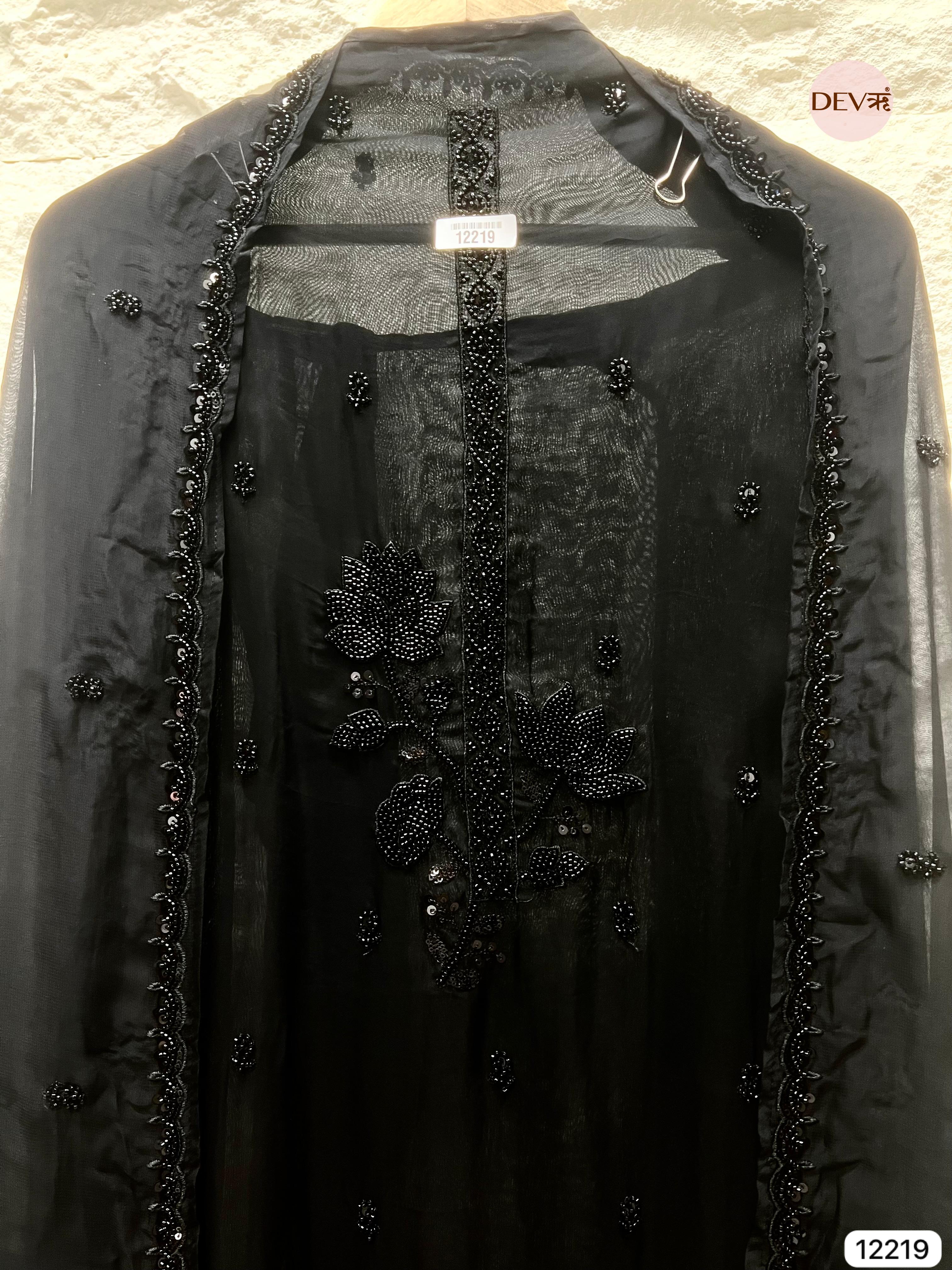 Elegant Black Organza Hand-Embroidered Unstitched 3-Piece Suit (Devri – D.No 12219)