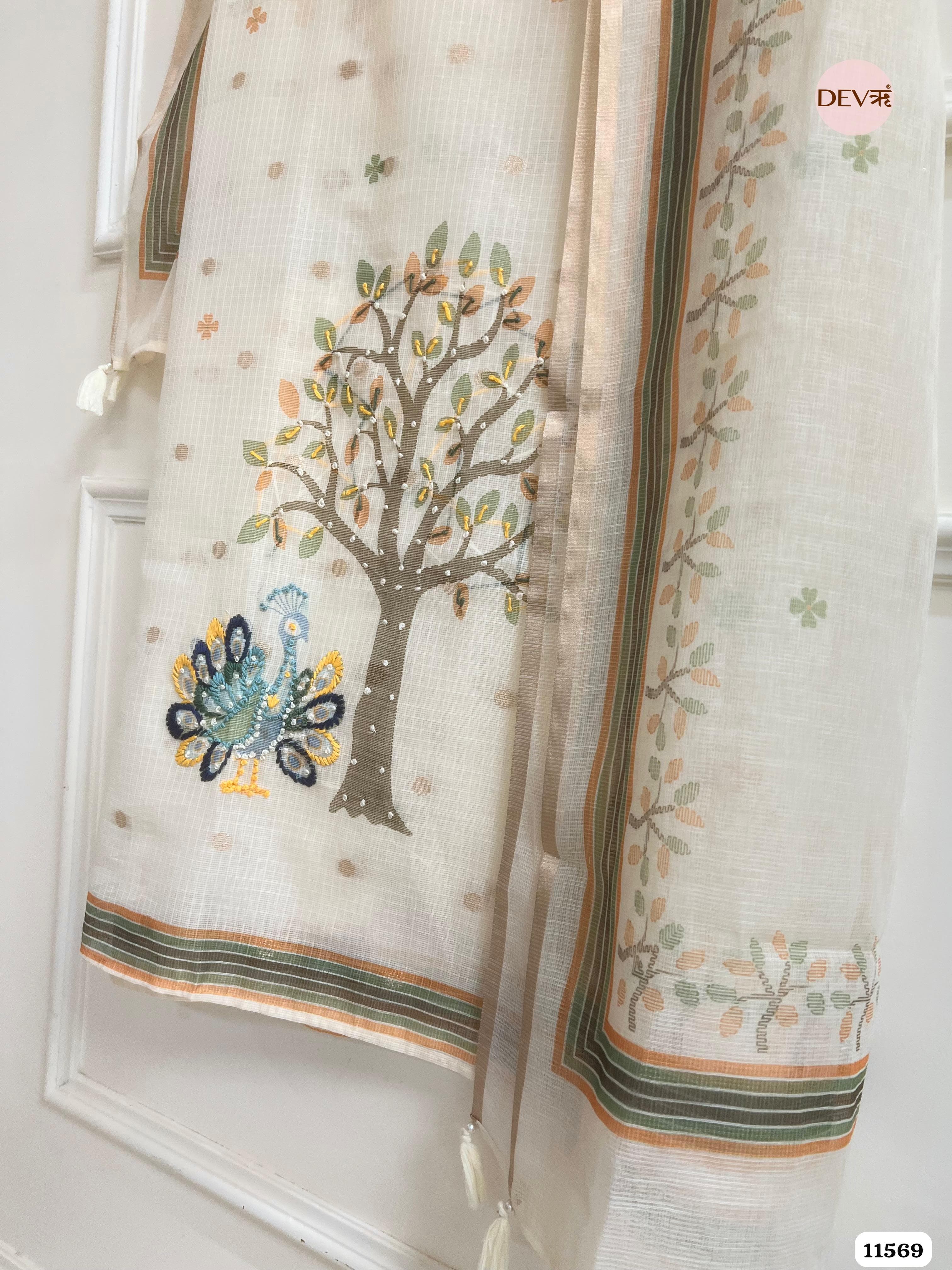 Off White Kota Silk Unstitched Printed Hand Embroidered -Set Of 3 {11569}