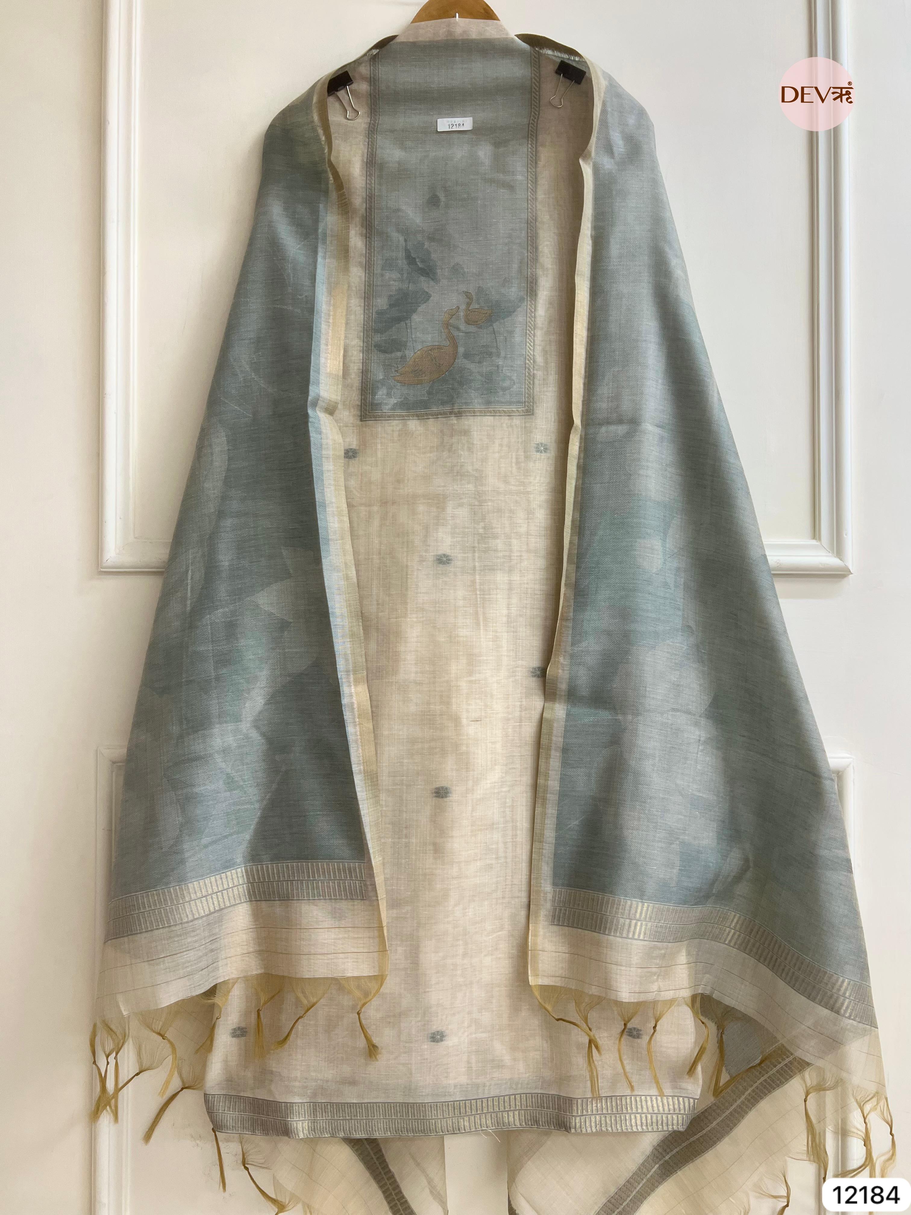 Off White Pure Jamdhani Silk Unstitched Banarasi Woven -Set Of 3 - {12184}