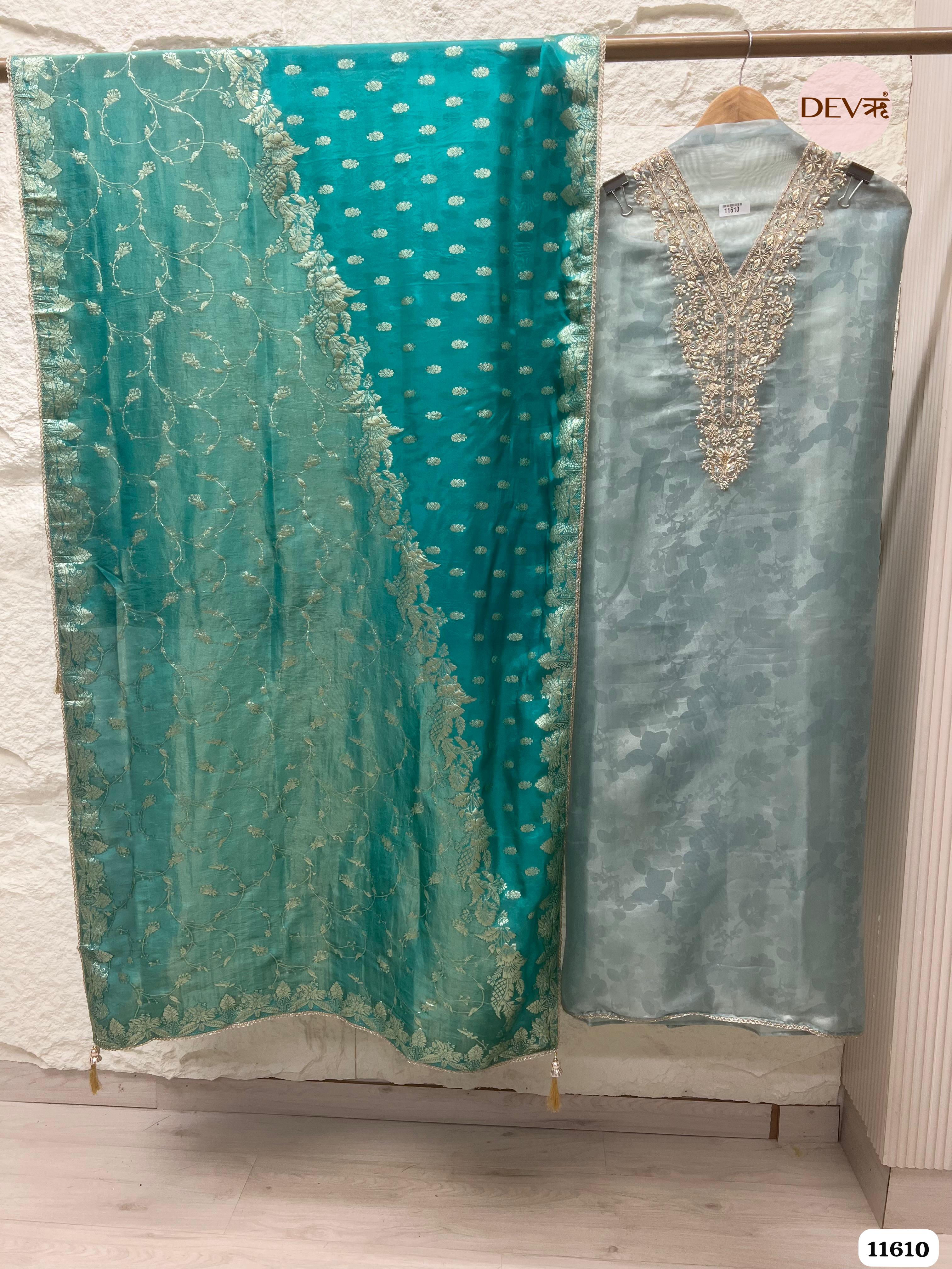 Green Silk Pure Tissue Organza Printed Unstitched Hand Embroidered -Set Of 3 {11610}