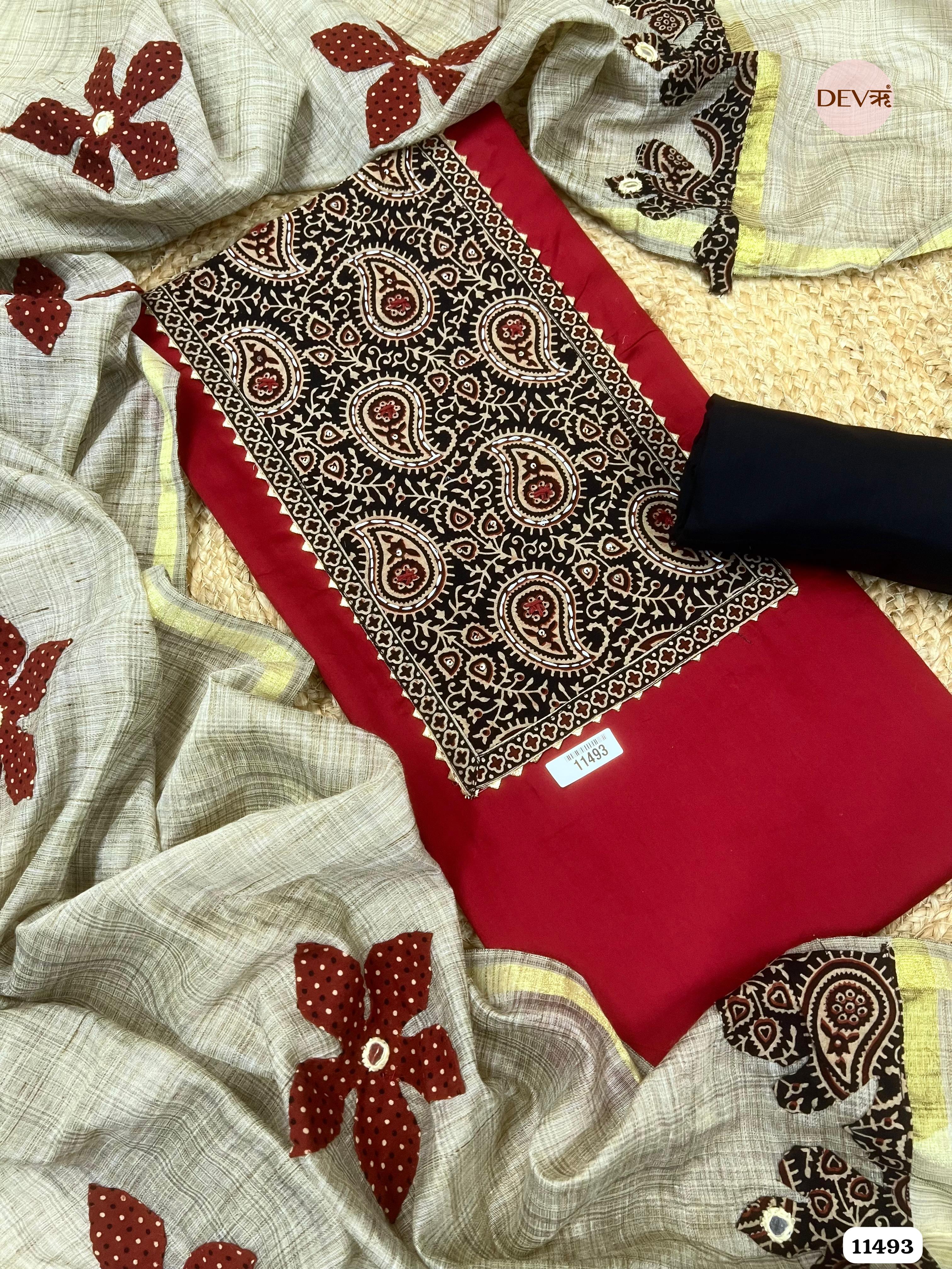 Red Cotton Jaam Unstitched Printed Hand Embroidered -Set Of 3 {11493}