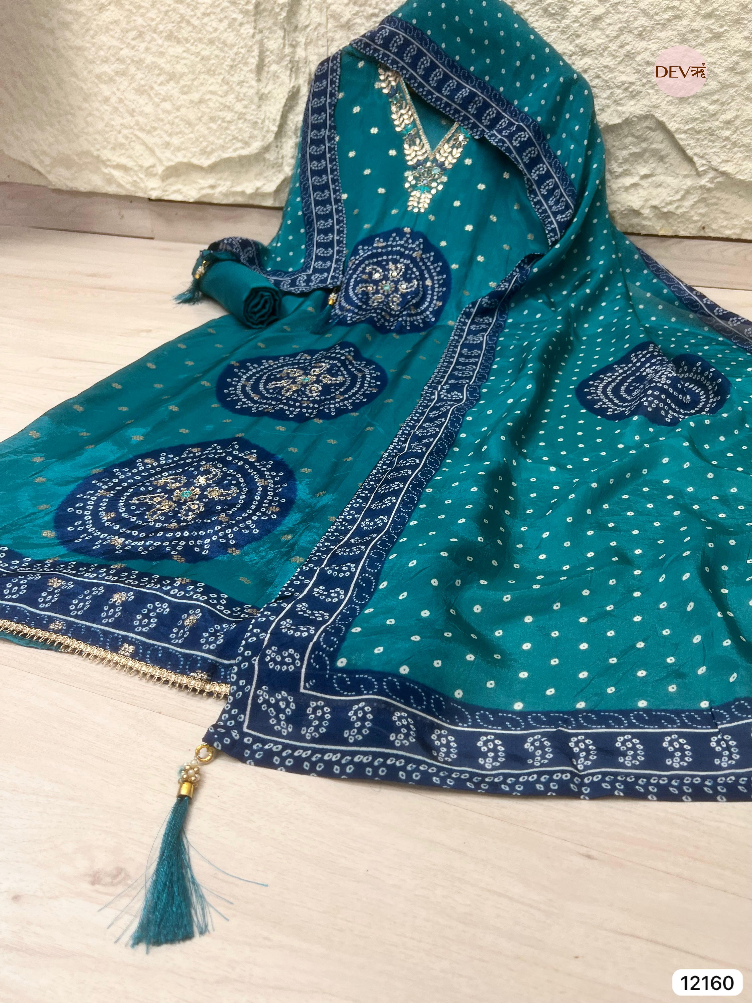 Blue Pure Shimmer Organza Silk Unstitched Banarasi Woven Bandhani Printed Hand Embroidered -Set Of 3 - {12160}