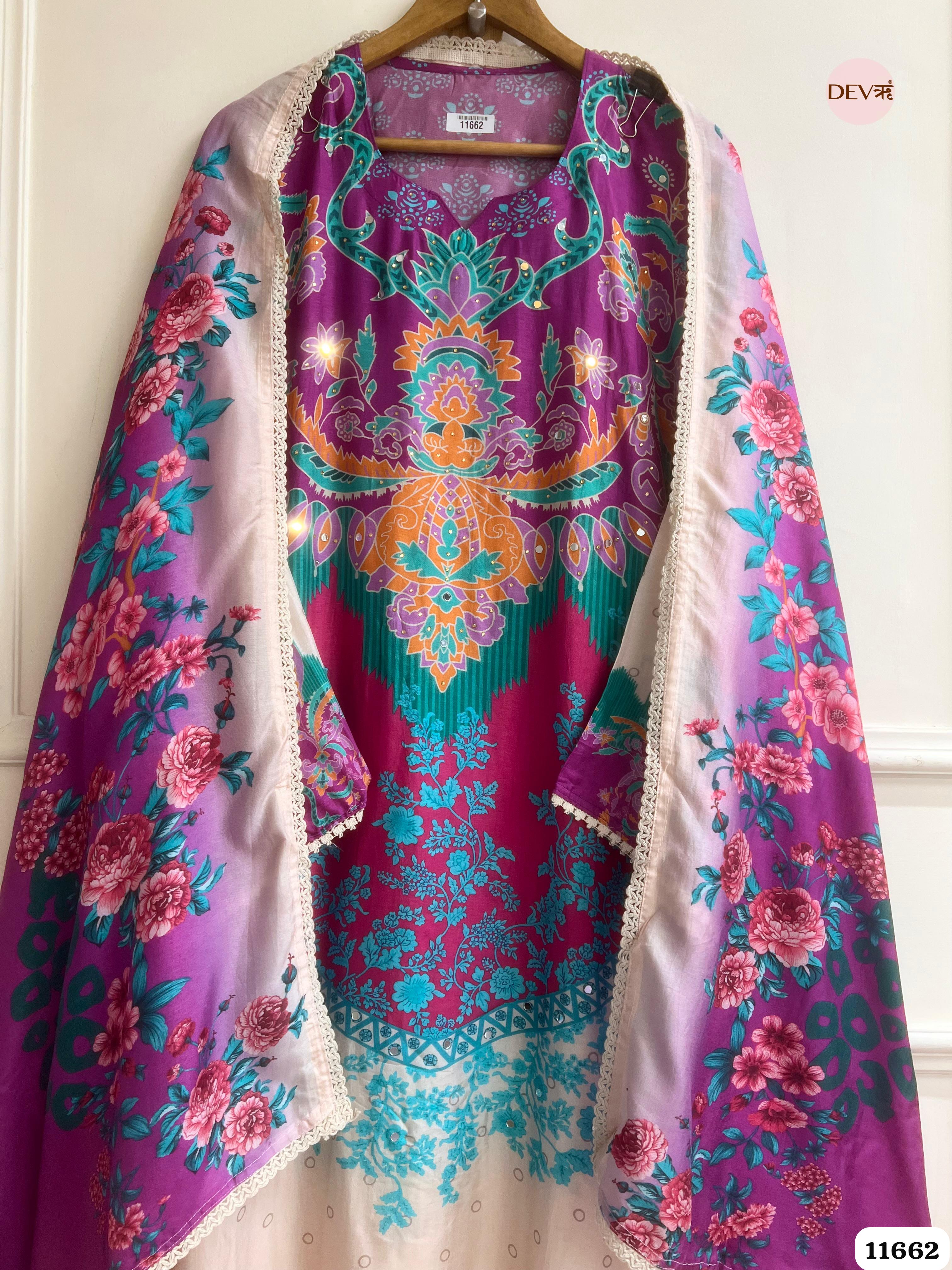 Multi Colour Russian Silk Printed Semi stitched Hand Embroidered -Set Of 3 - {11662}