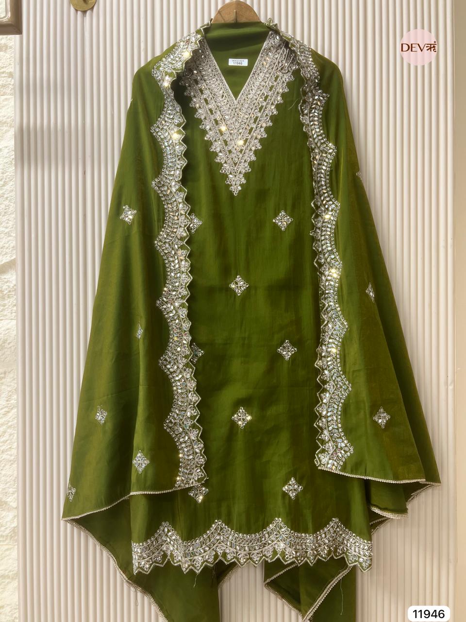 Green Modal Silk Unstitched Hand Embroidered -Set Of 3 - {11946}
