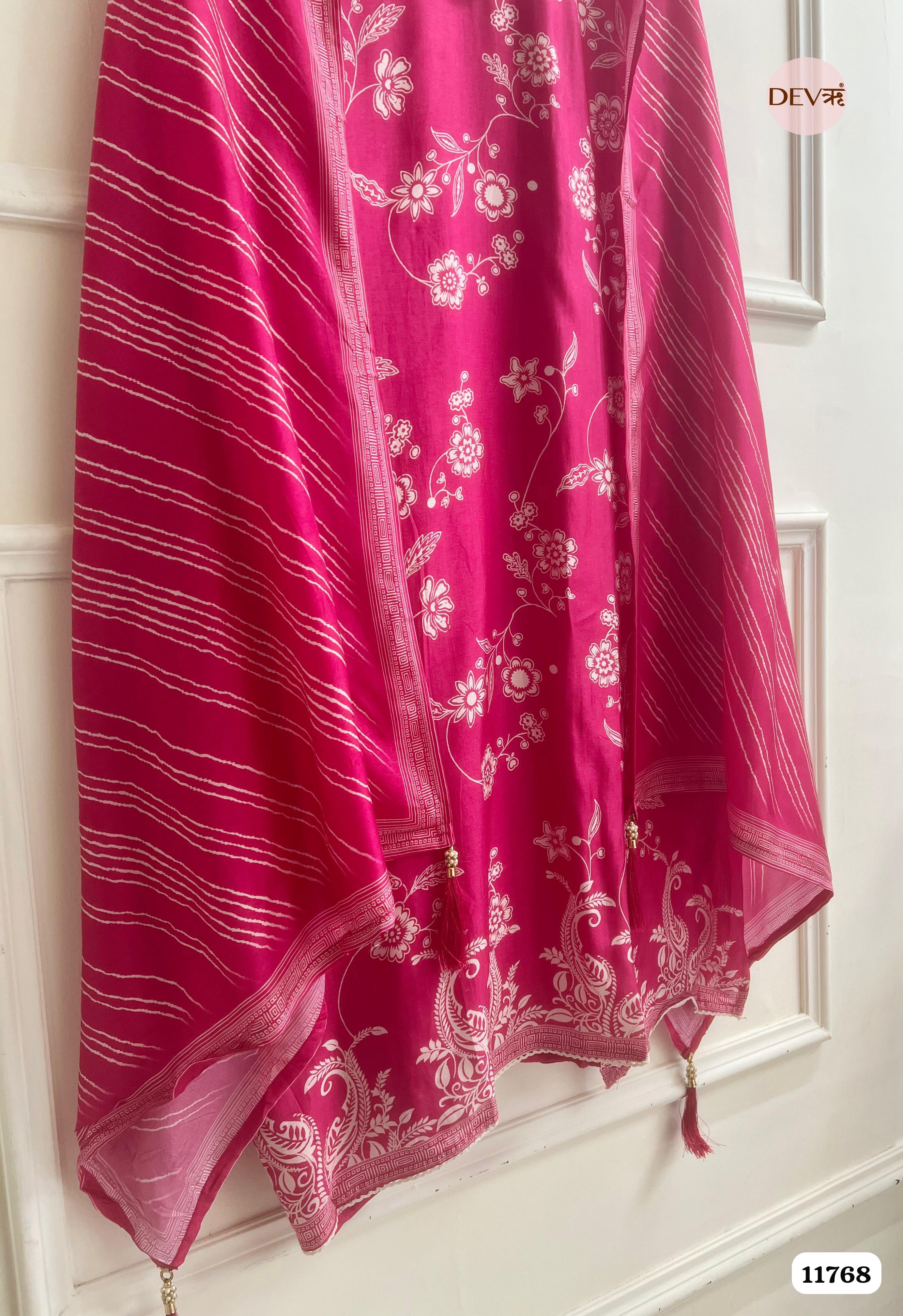 Pink Russian Silk Unstitched Printed Hand Embroidered -Set Of 3 {11768}