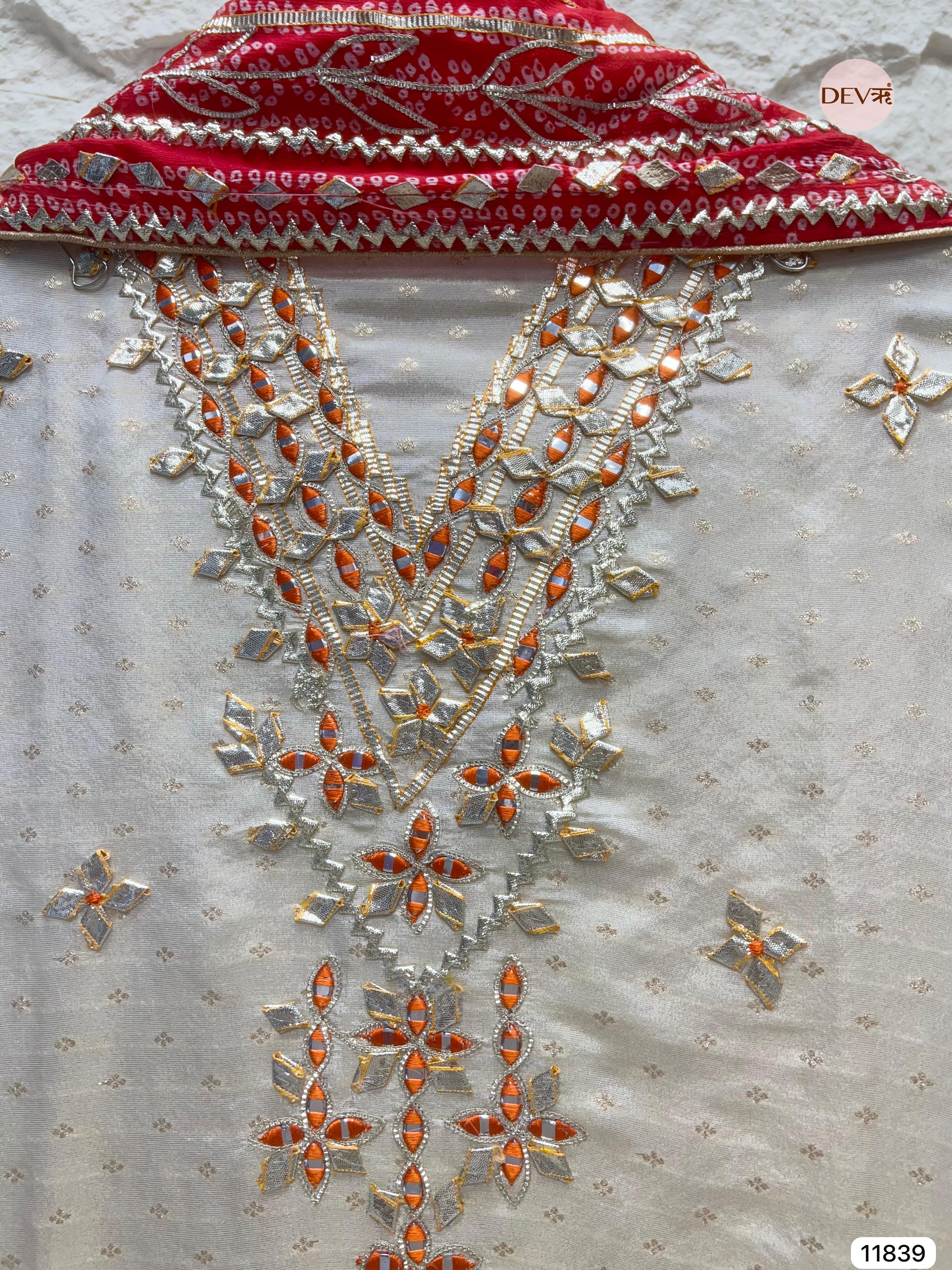 Cream Colour Pure Tissue Crush Silk Unstitched Hand Embroidered -Set Of 3- {11839}