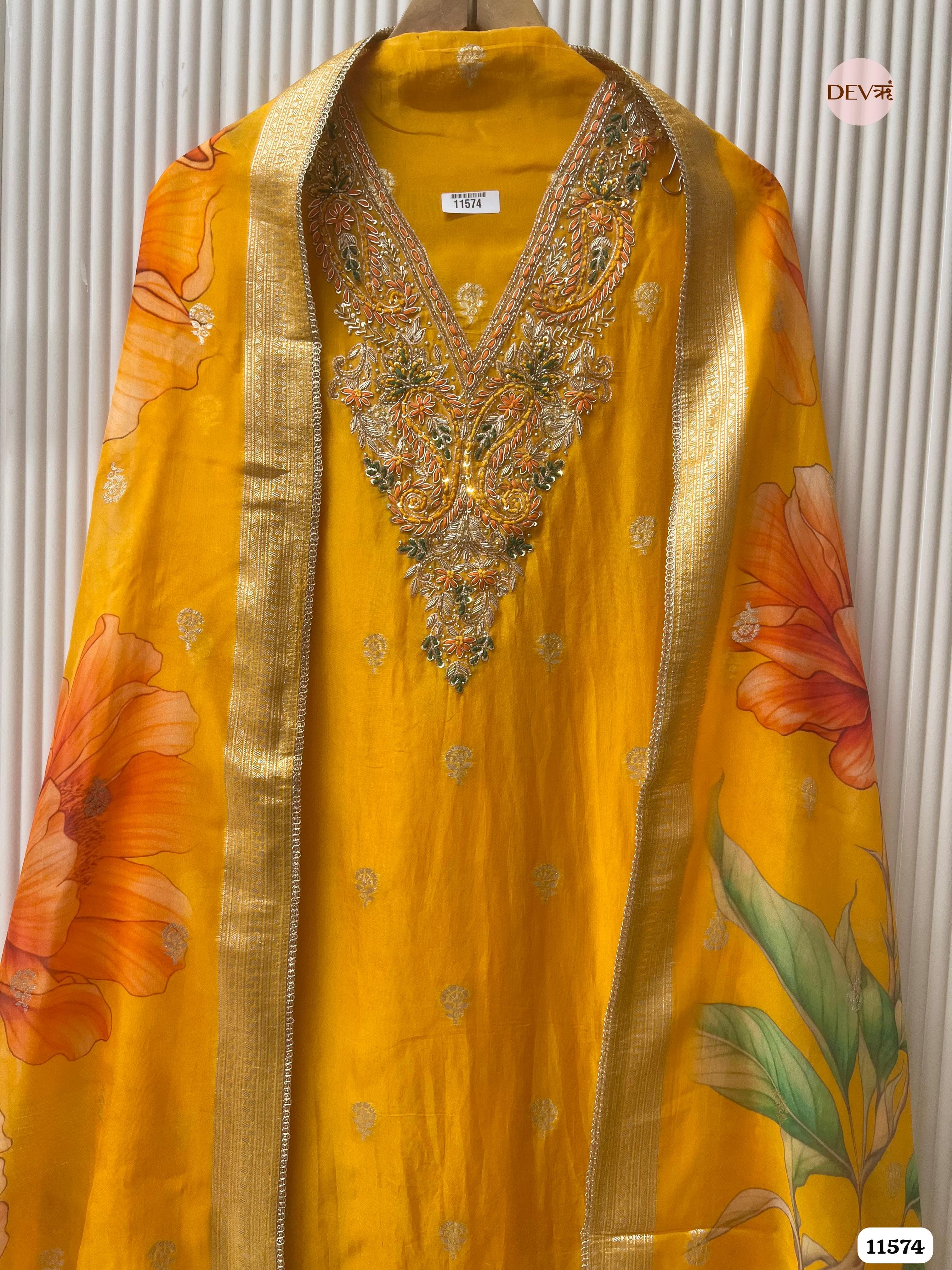 Yellow Pure Organza Silk Unstitched Banarasi Woven Hand Embroidered -Set Of 3 {11574}