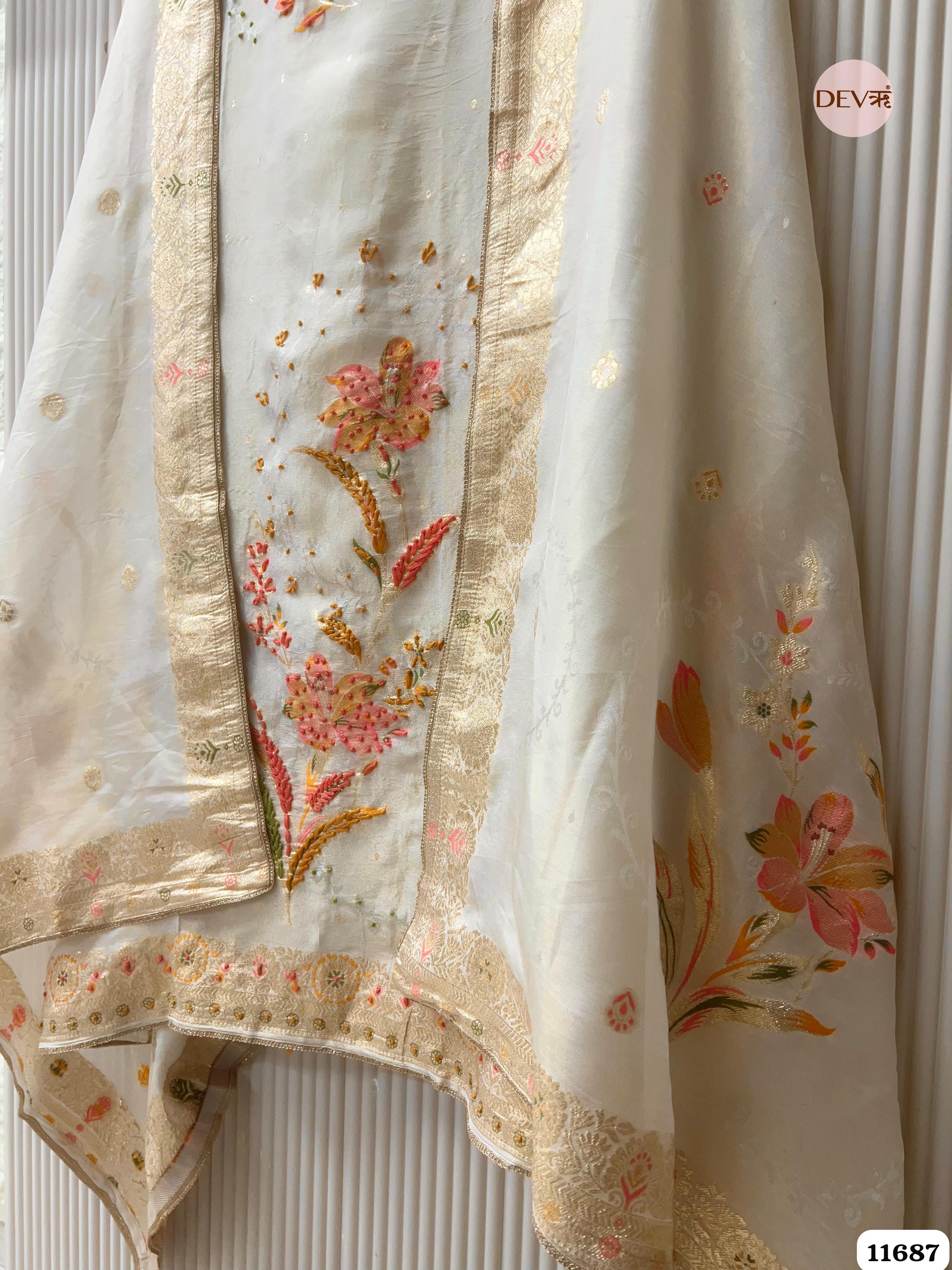 Off white Burberry Silk Unstitched Woven Embroidered -Set Of 3 {11687}