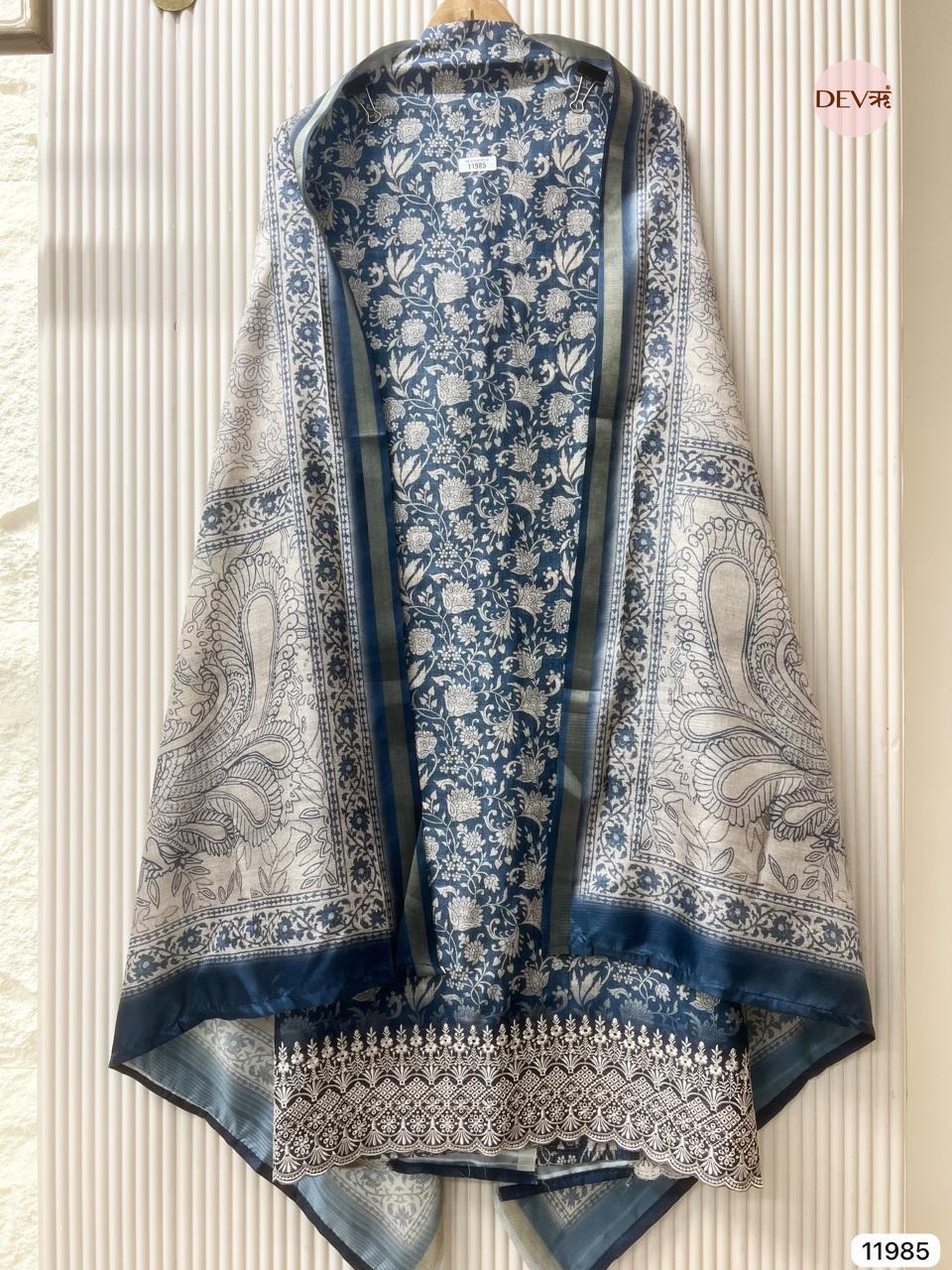 Blue Pure Tusser Silk Printed Unstitched 3-Piece Suit (Devri – D.No 11985)
