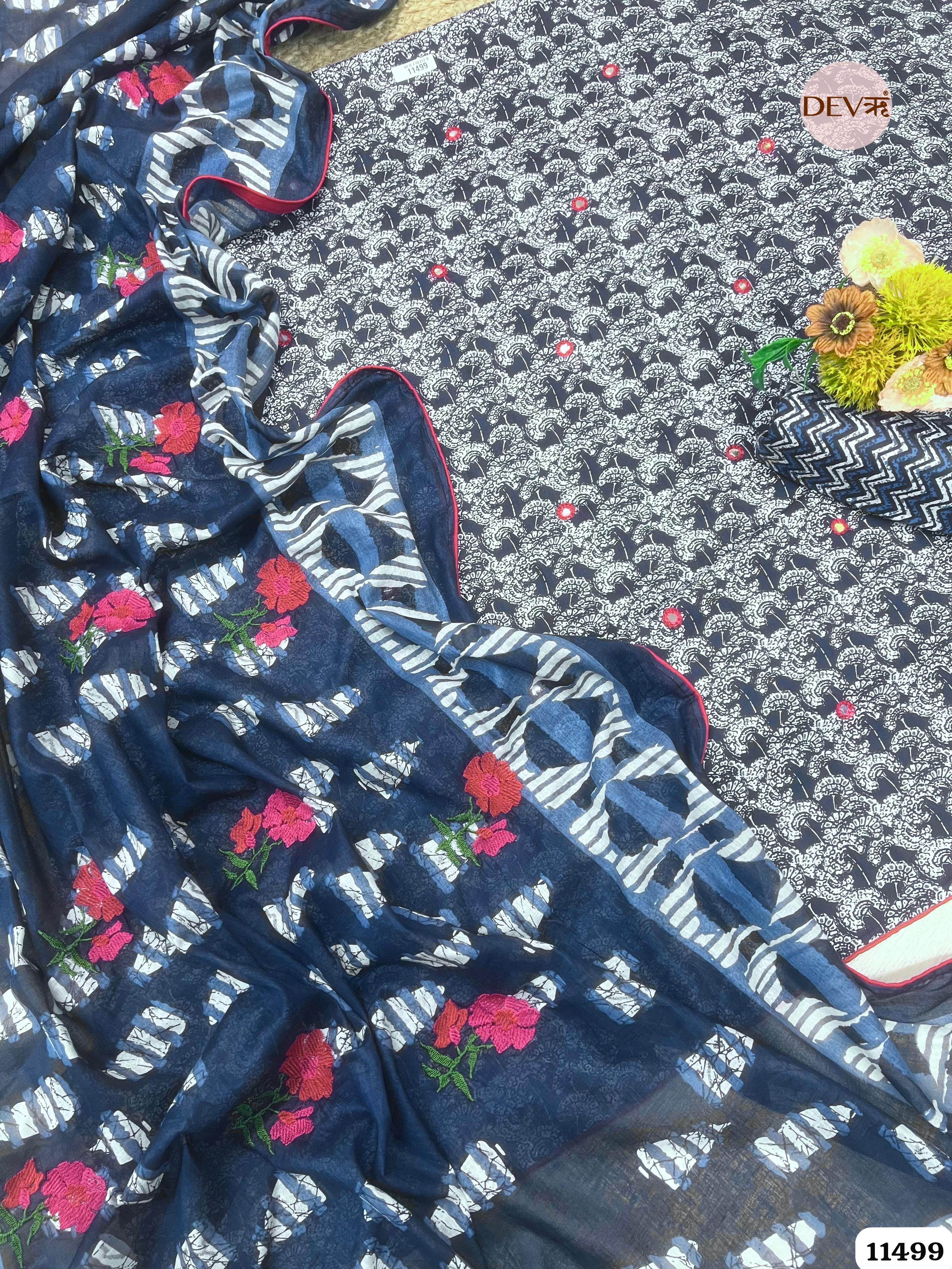 Dark Blue Mul Cotton Unstitched Printed Hand Embroidered -Set Of 3 {11499}