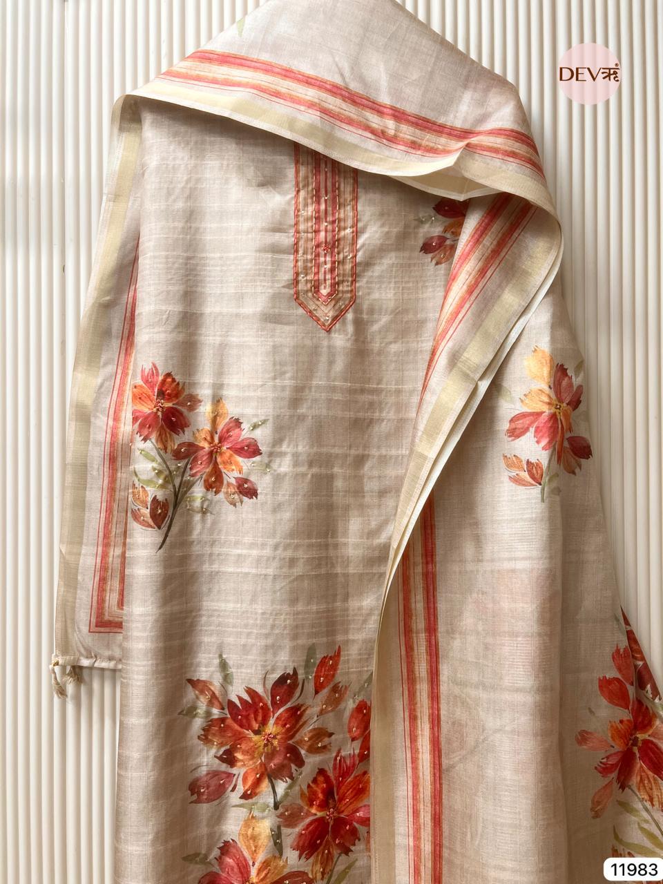 Beige Tusser Silk Printed Unstitched 3-Piece Suit (Devri – D.No 11983)