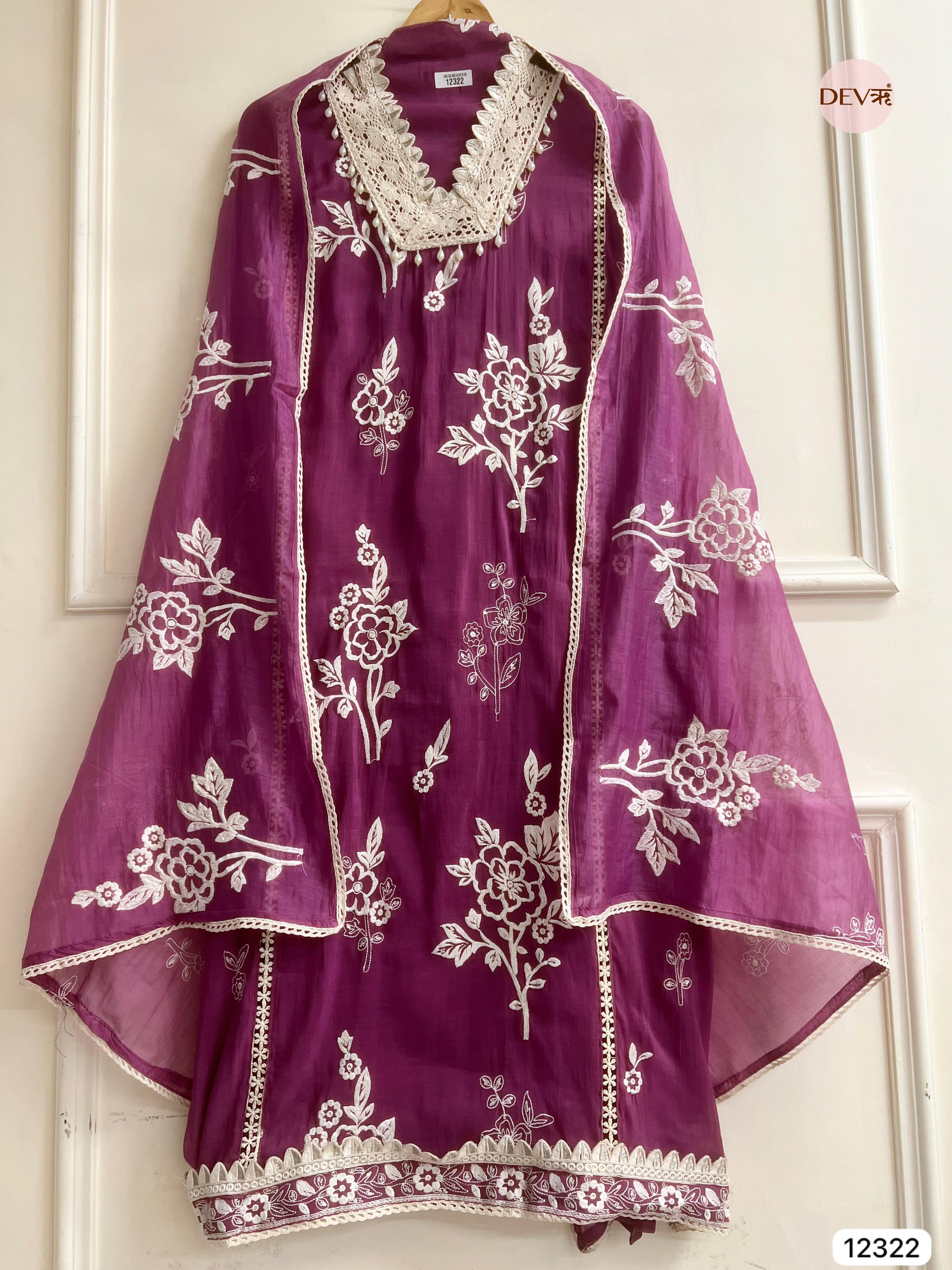 Royal Plum Mul Chanderi Embroidered Unstitched 3-Piece Suit (Devri – D.No 12322)