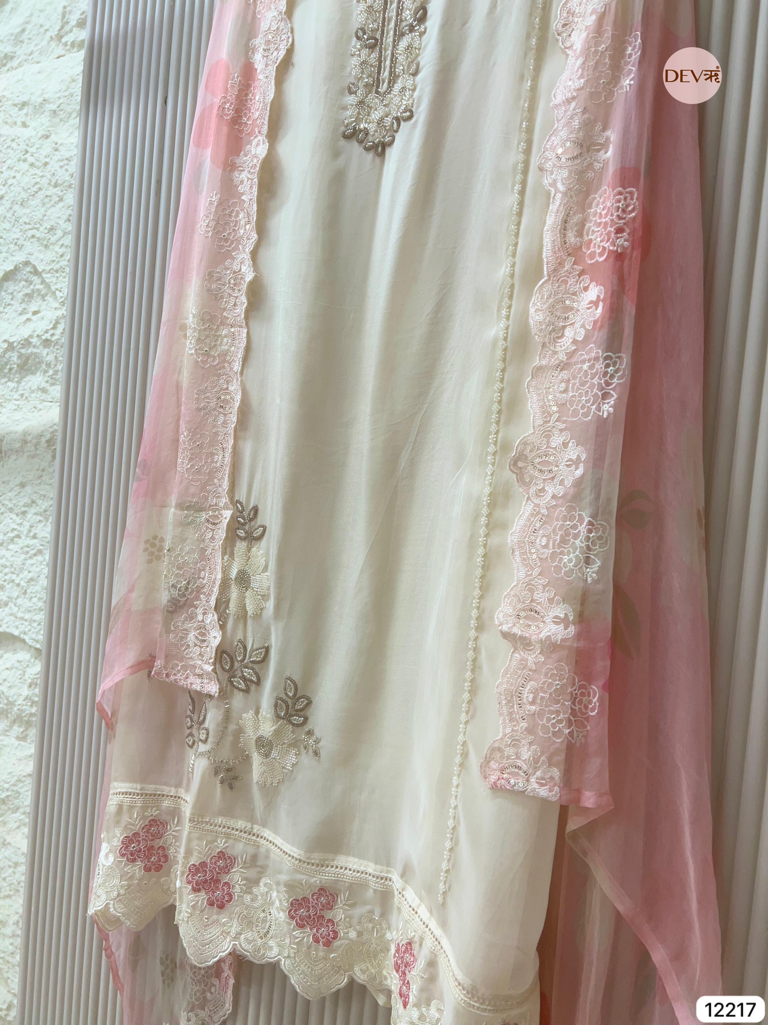 Ivory Pure Organza Embroidered Unstitched 3-Piece Suit (Devri – D.No 12217)