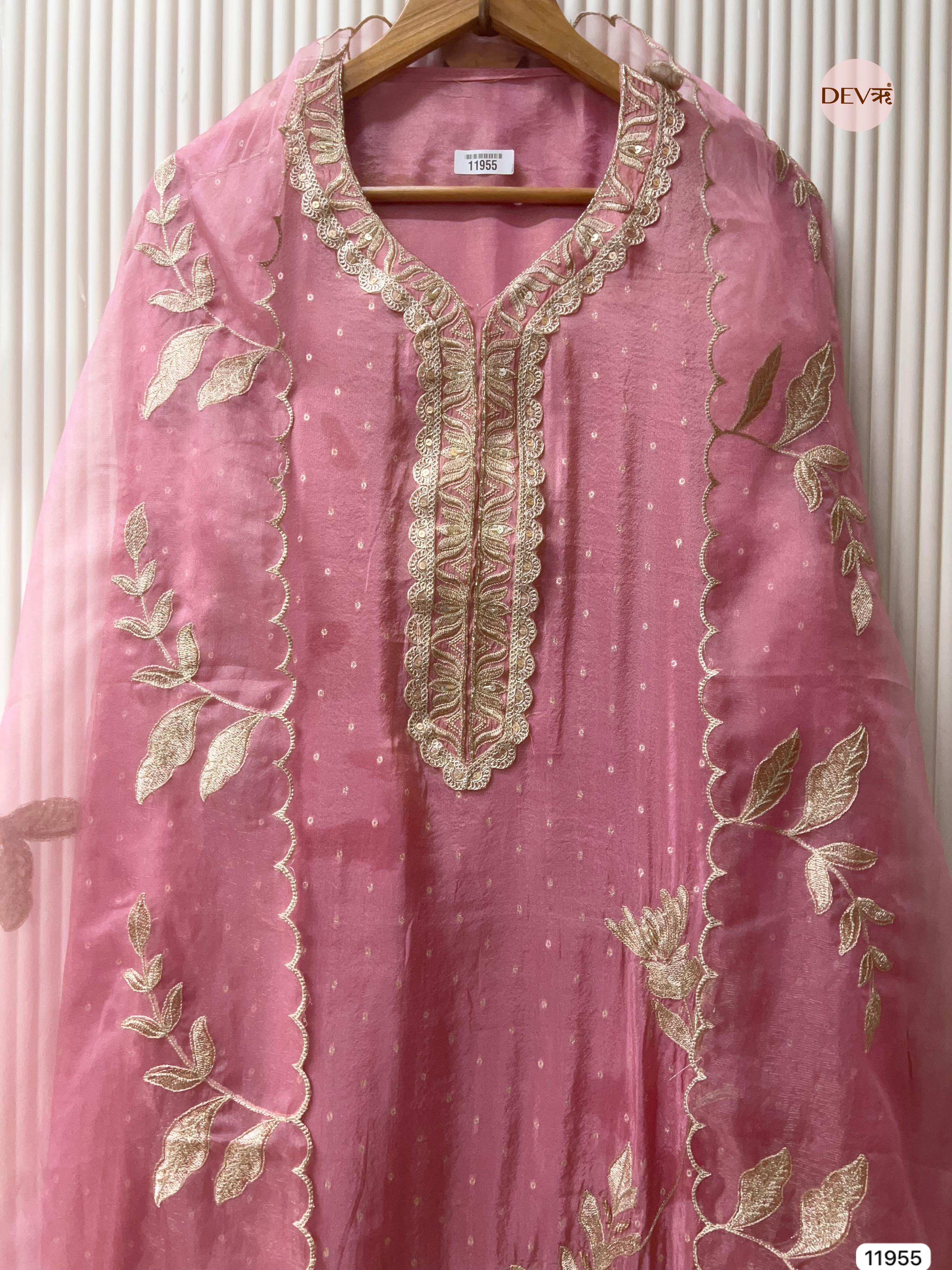 Pink Tissue Silk Unstitched Banarasi Weave Embroidered -Set Of 3 - {11955}