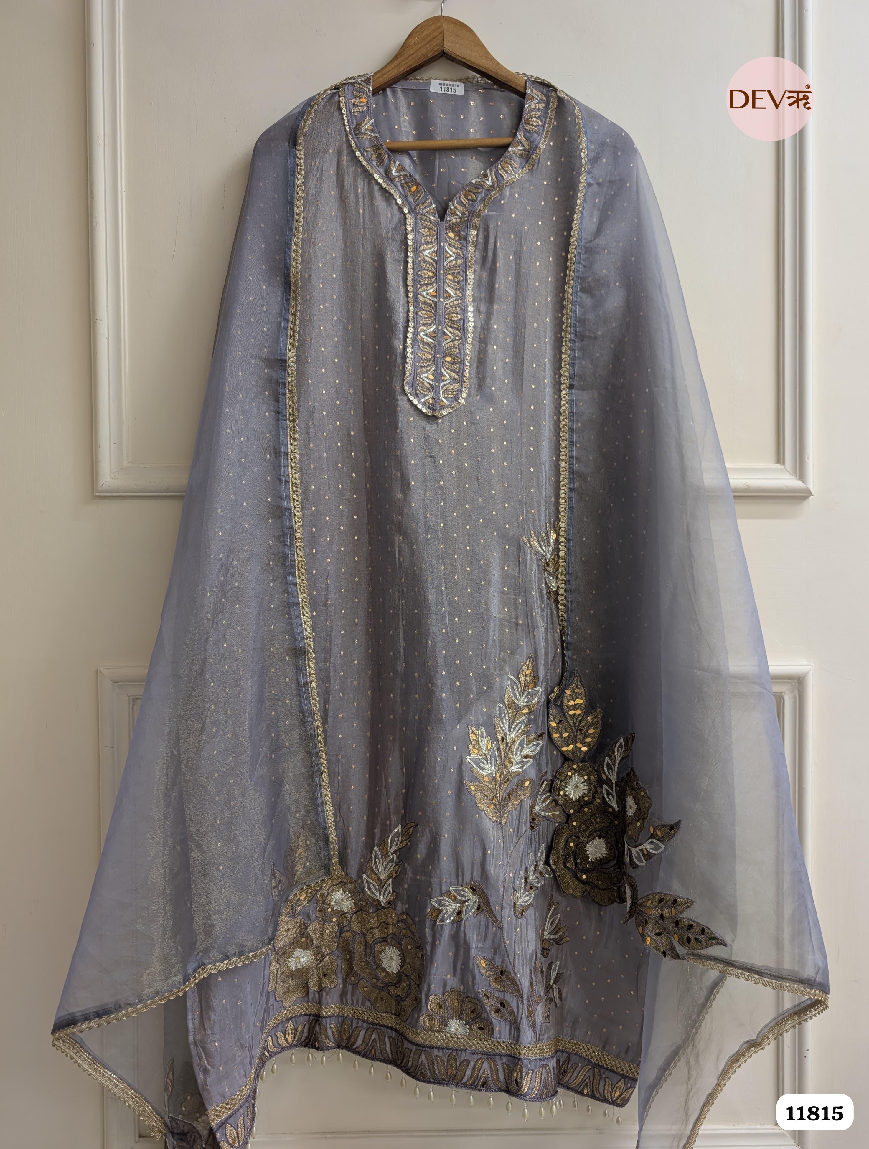 Grey Blue Tissue Silk Woven Unstitched Embroidered -Set Of 3 {11815}