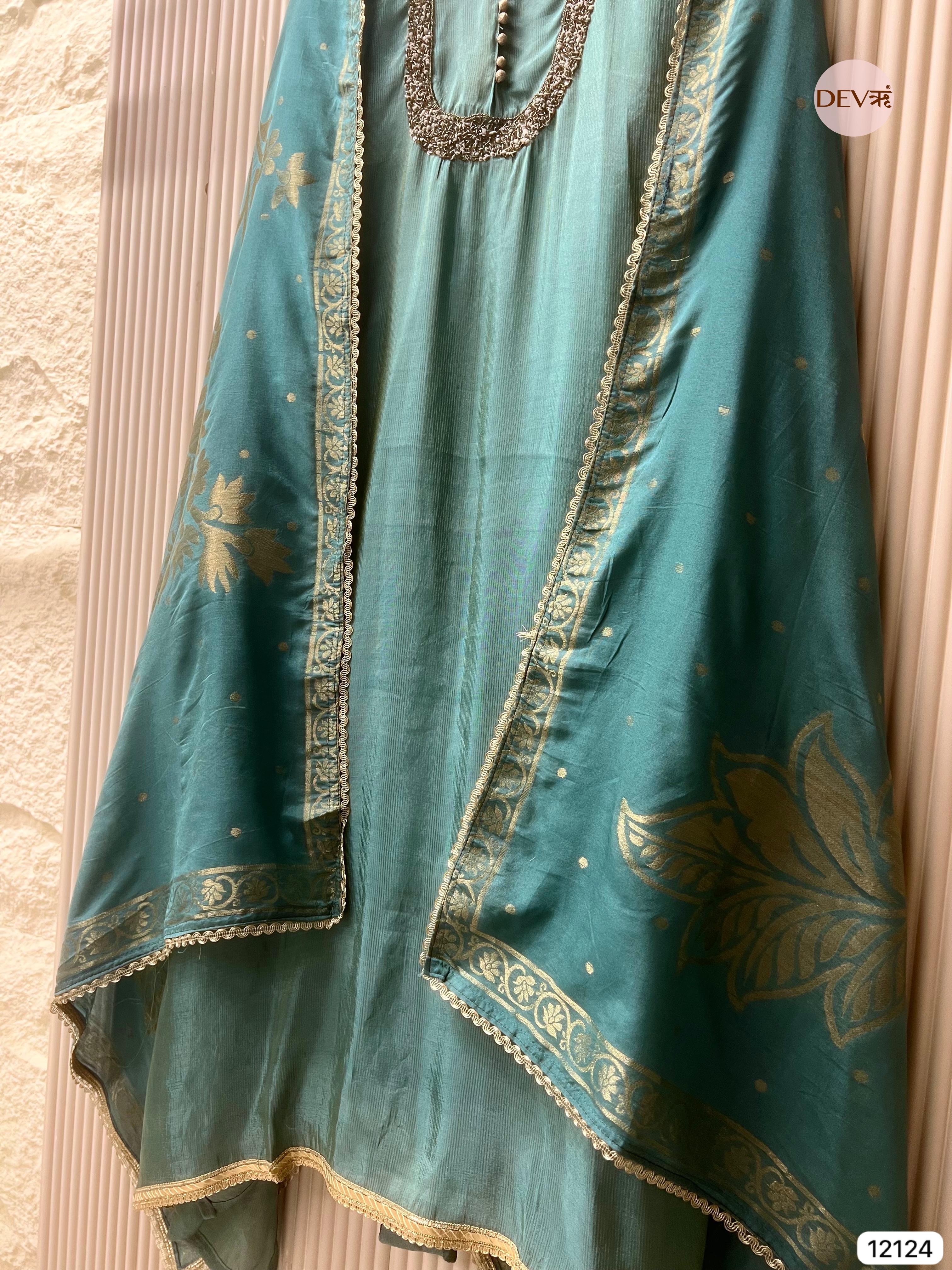 Blue-Green Shimmer Silk Unstitched Hand Embroidered -Set Of 3 - {12124}