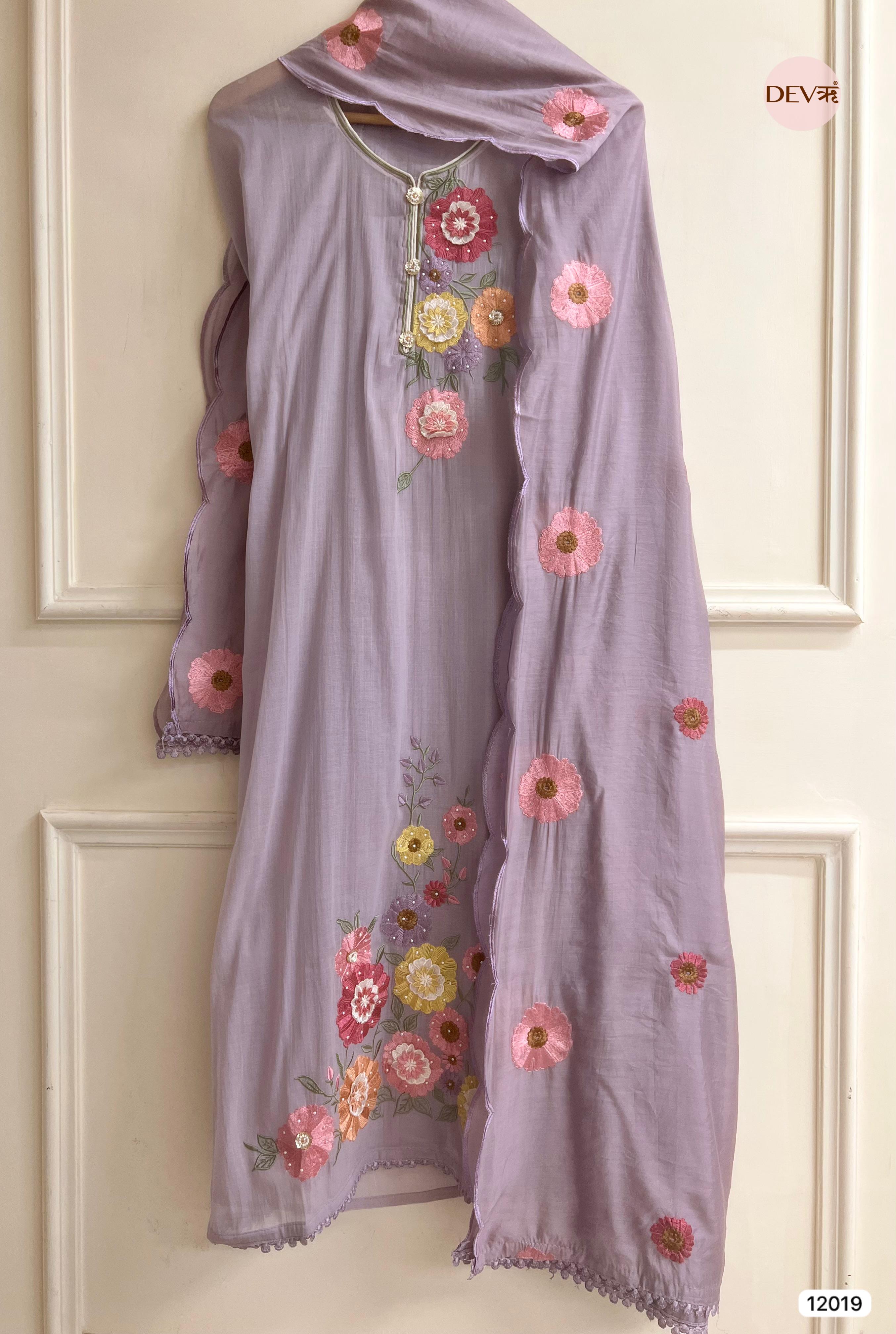Purple Pure Mul Chanderi Unstitched Embroidered -Set Of 3 - {12019}