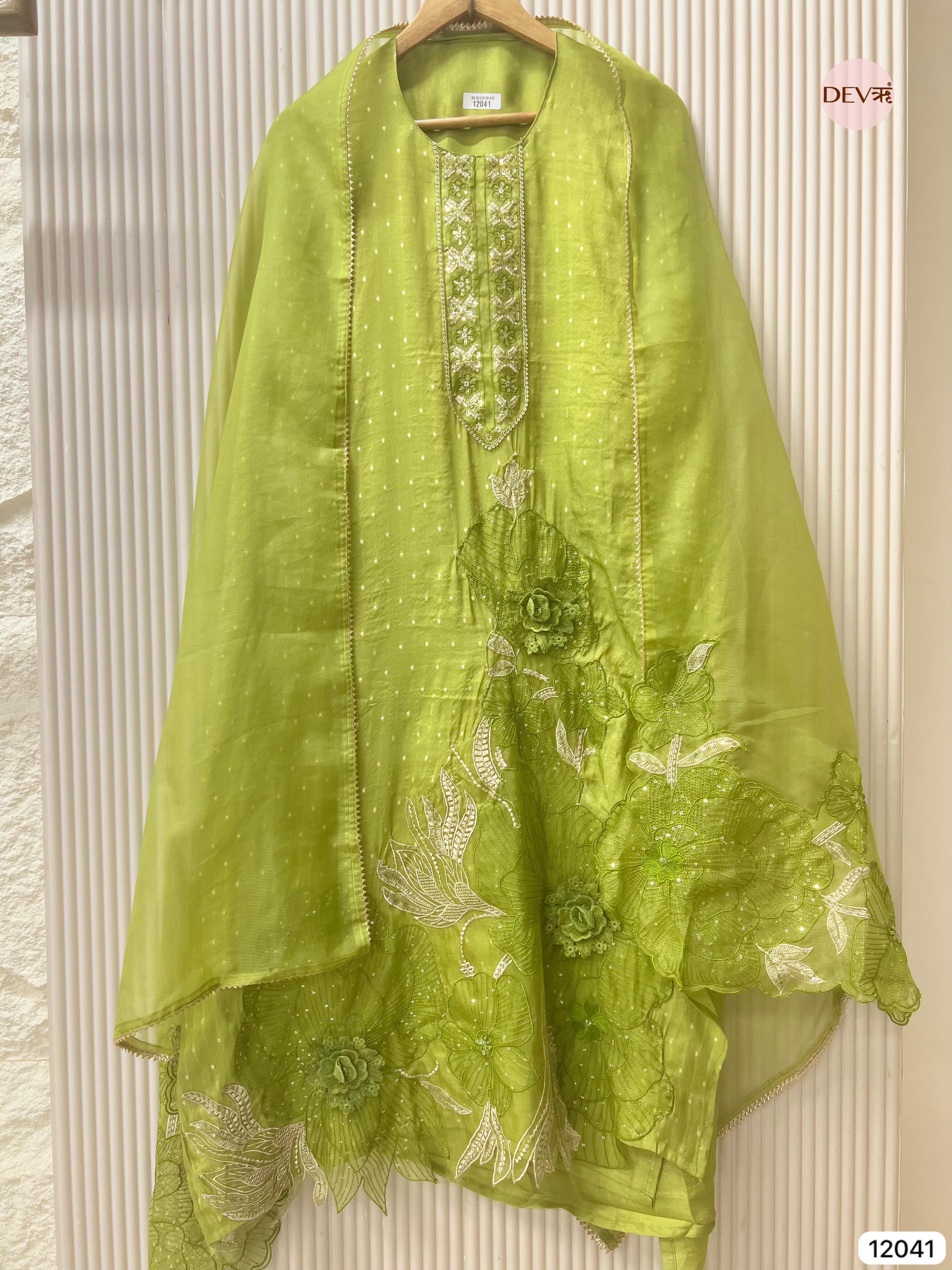 Green Tissue Shimmer Silk Unstitched Embroidered -Set Of 3 - {12041}