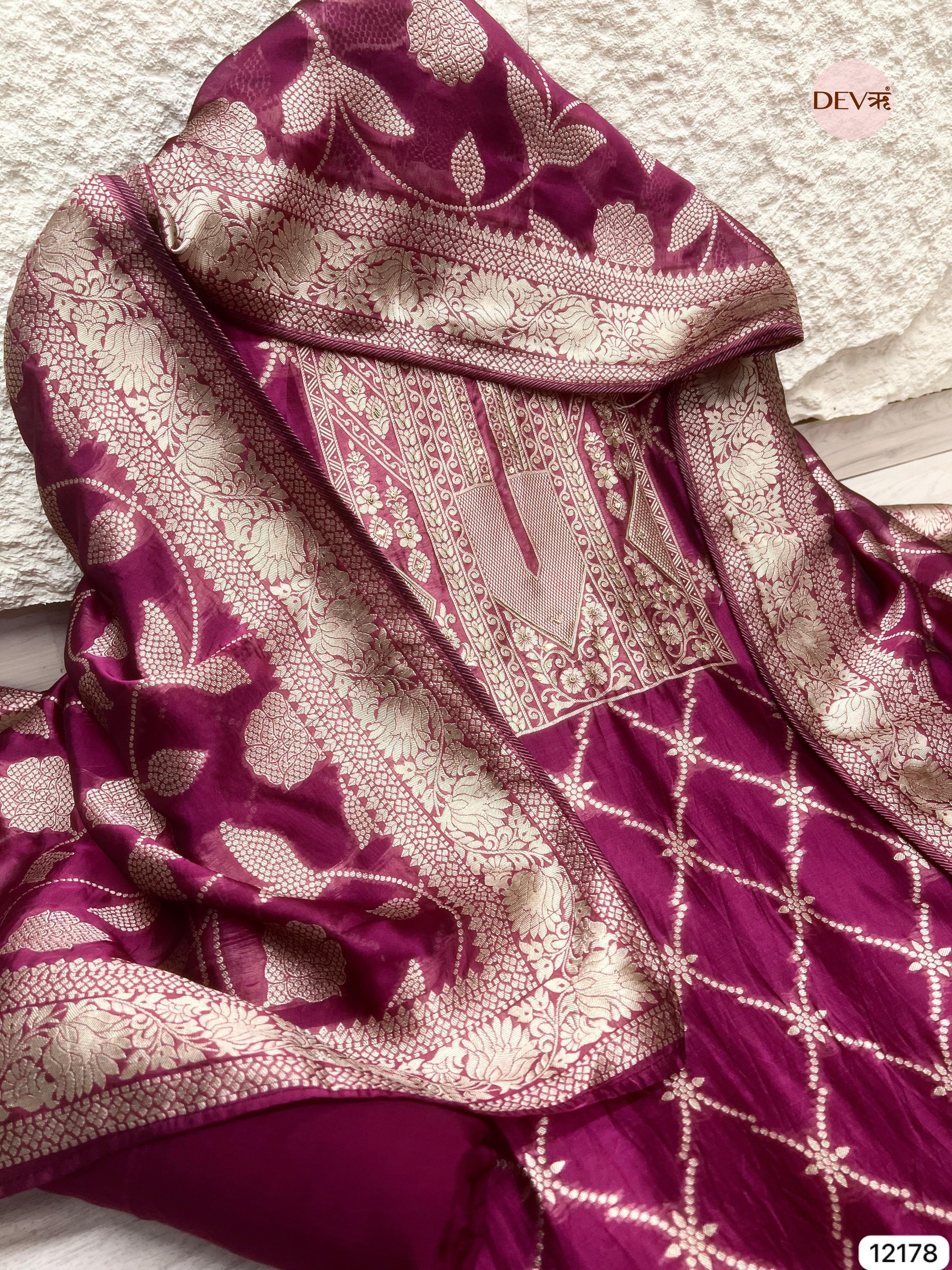 Magenta Pink Pure Banarasi Silk Unstitched Hand Embroidered-Set of 3 - {12178}