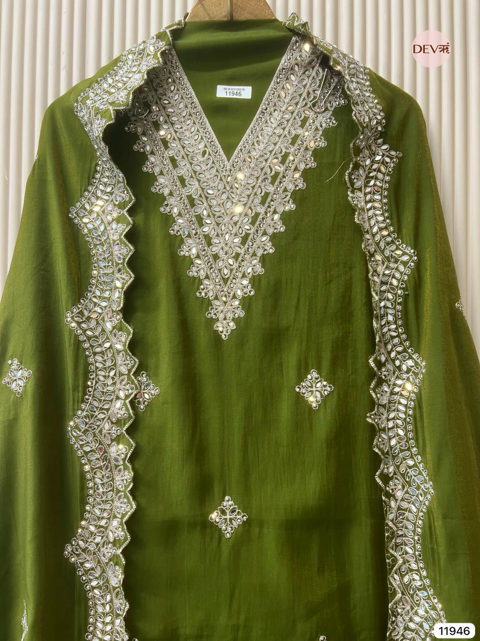 Green Modal Silk Unstitched Hand Embroidered -Set Of 3 - {11946}