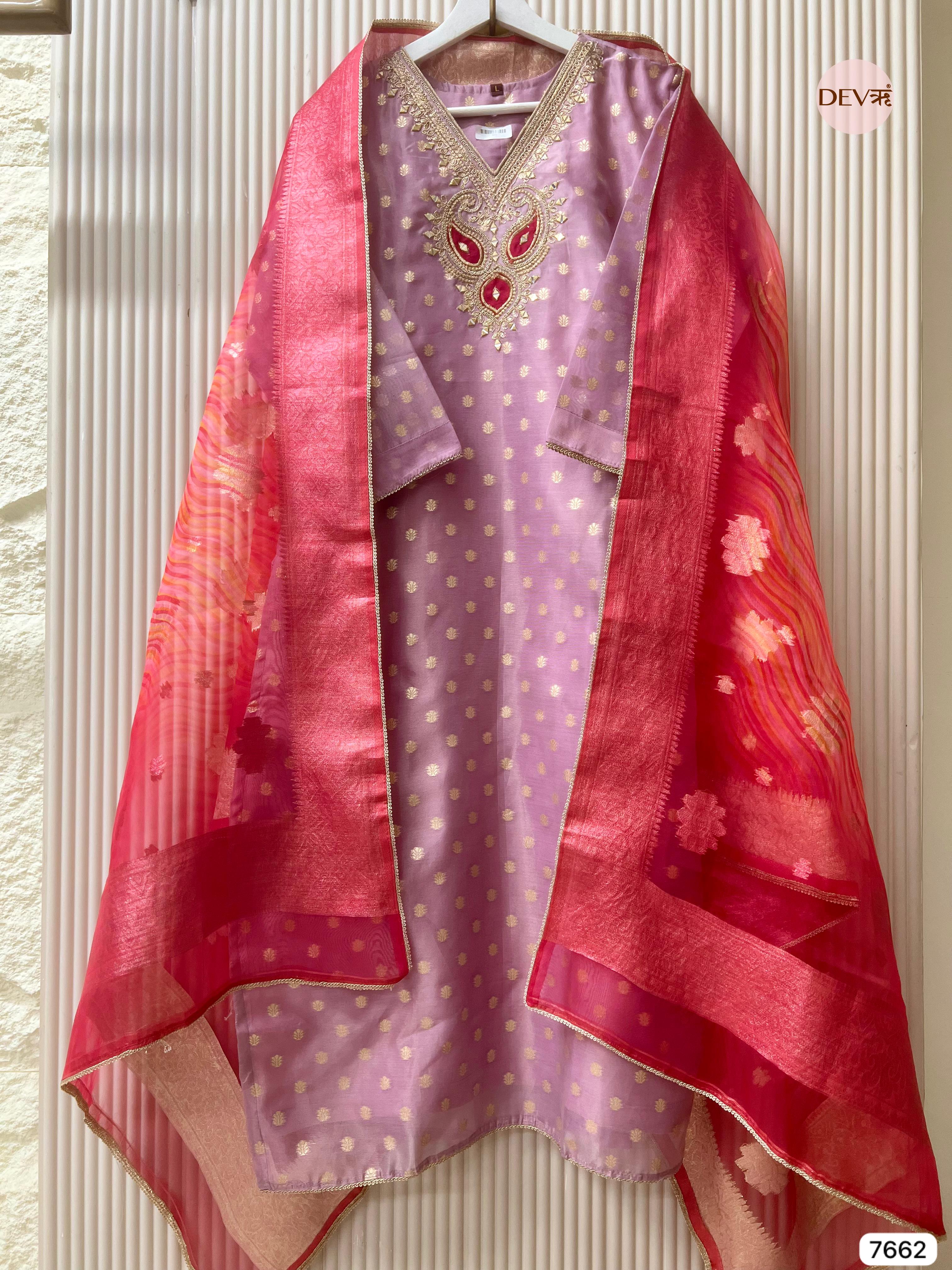 {7662}Pink Tissue Silk Stitched Printed Embroidered -Set Of 3