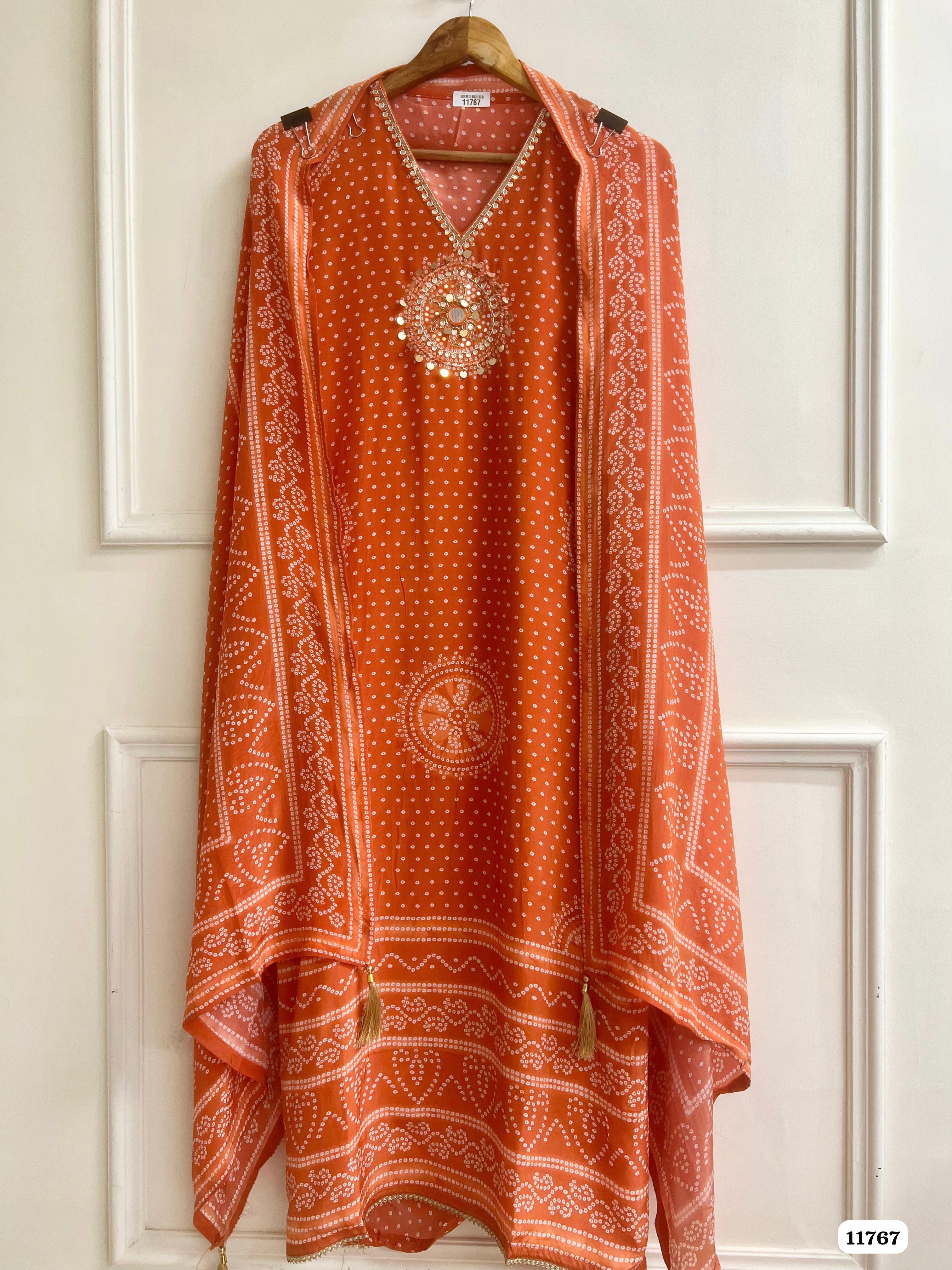 Orange Natural Crepe Unstitched Printed Hand Embroidered -Set Of 3 {11767}