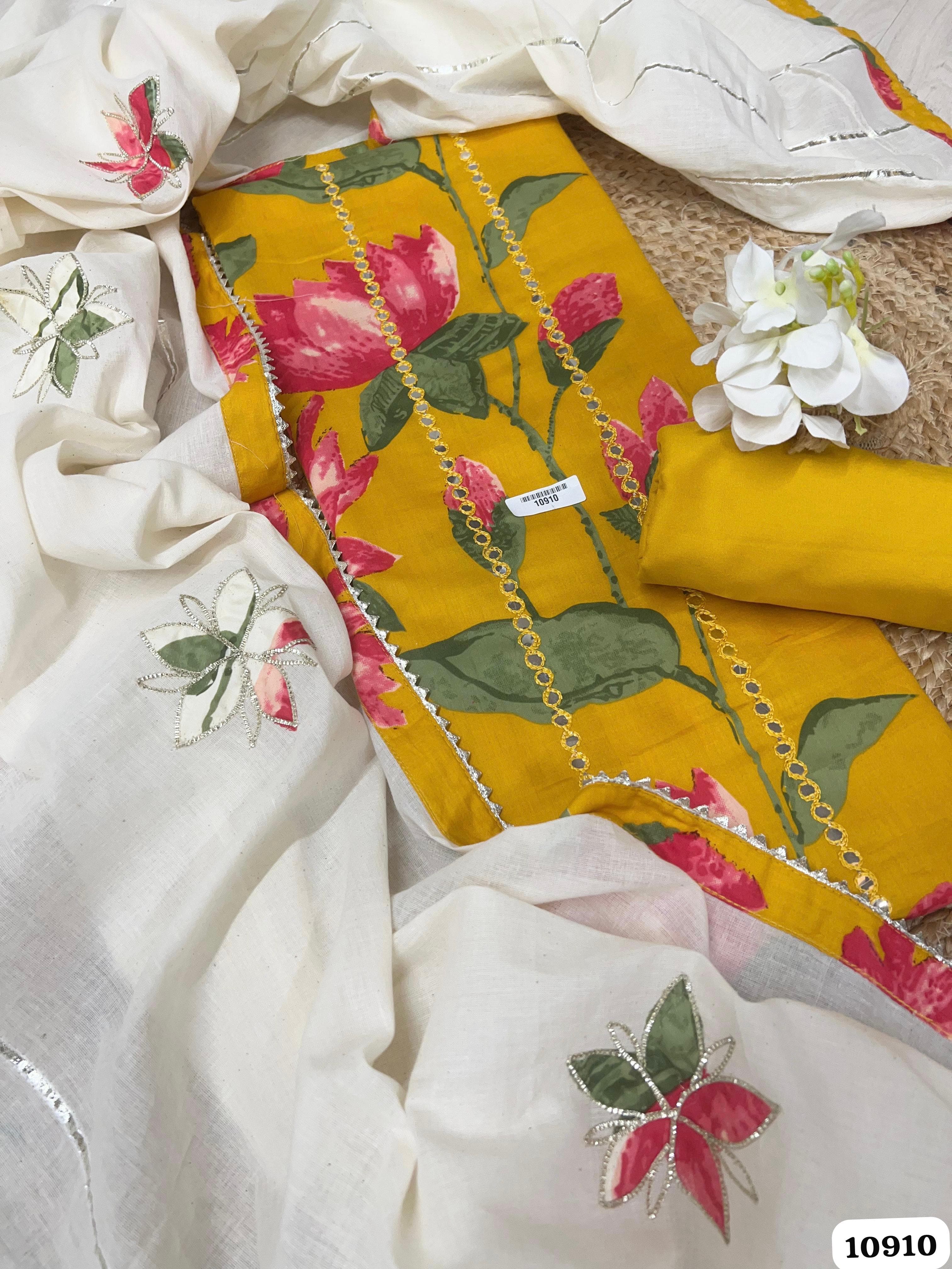 Yellow Cotton Unstitched Printed Embroidered -Set Of 3