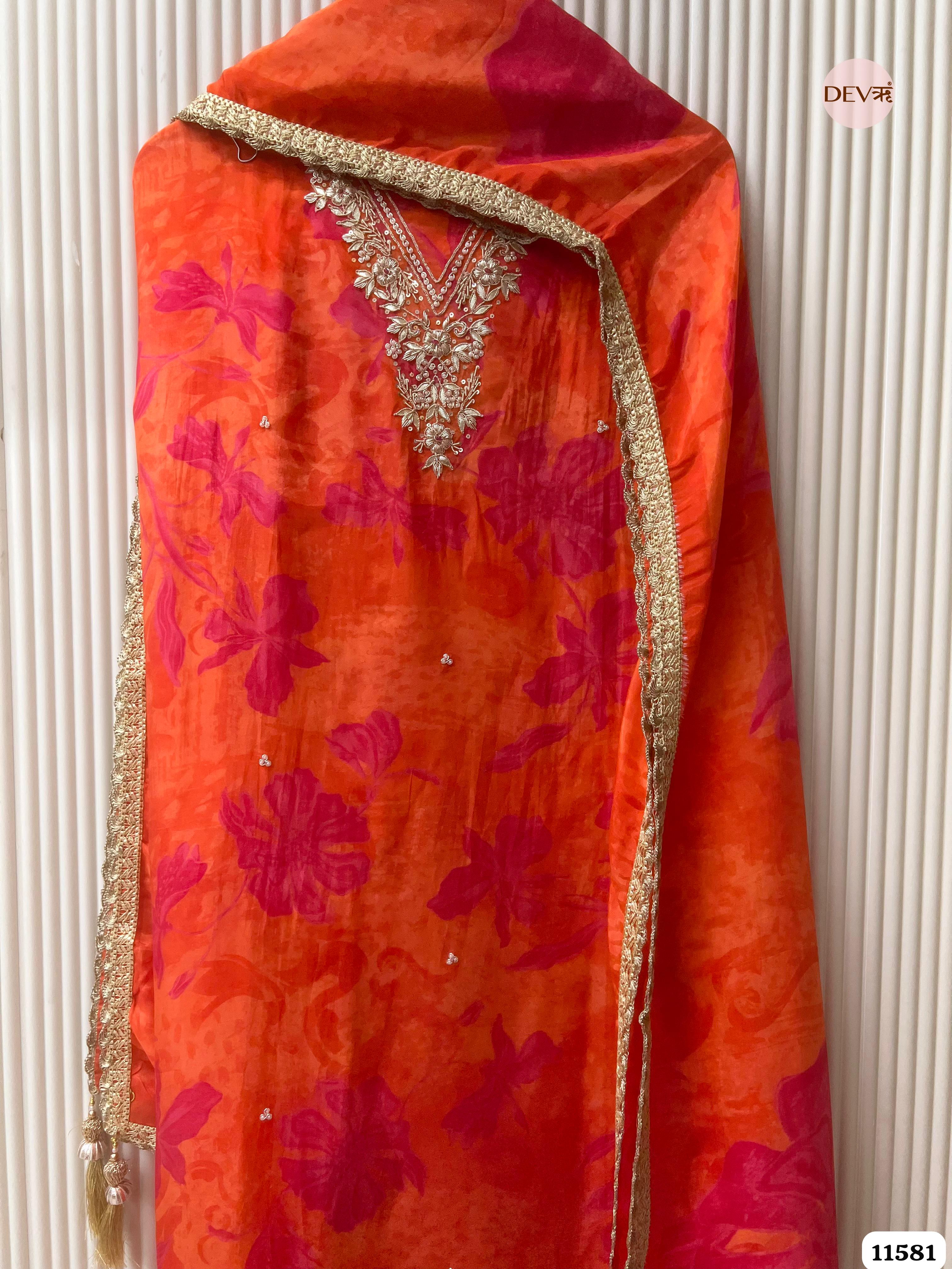 Orange Pure Organza Silk Printed Unstitched Hand Embroidered -Set Of 3 {11581}