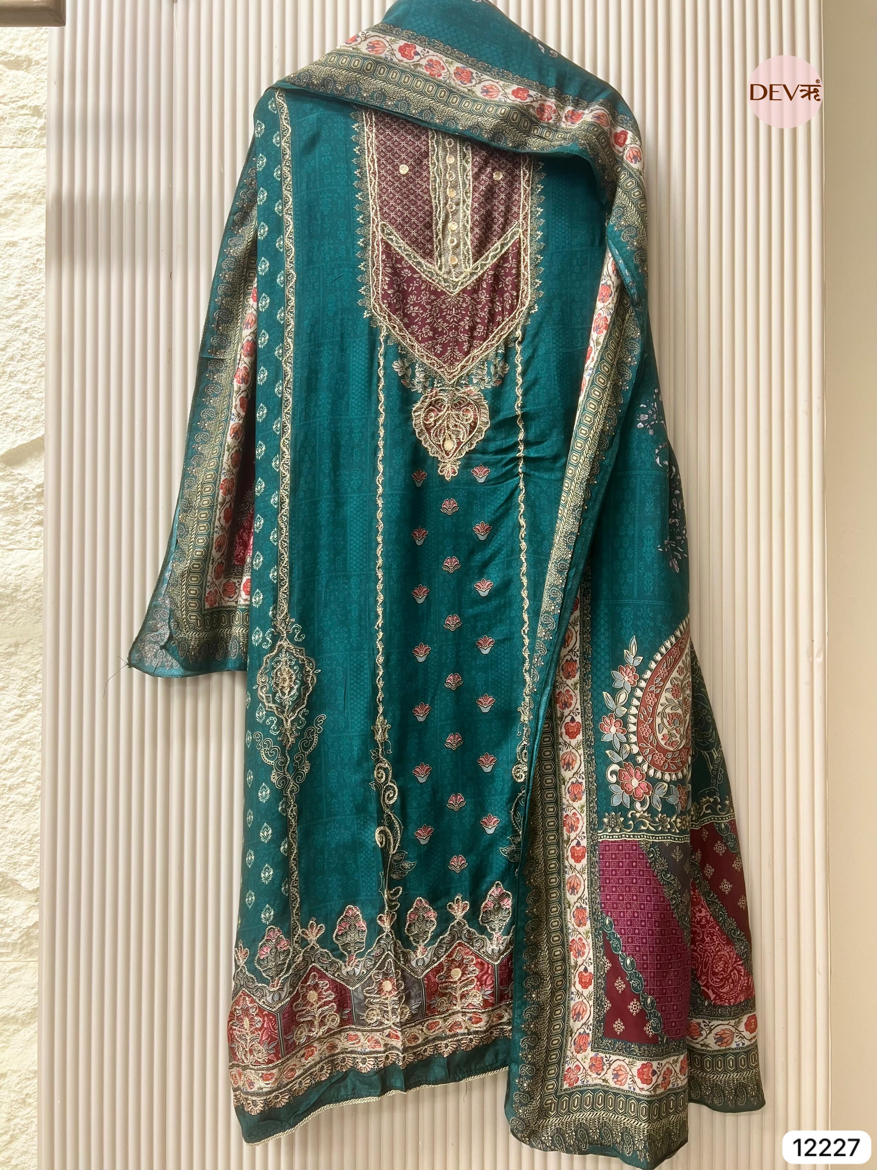Teal Pure Muslin Printed Unstitched 3-Piece Suit (Devri – D.No 12227)