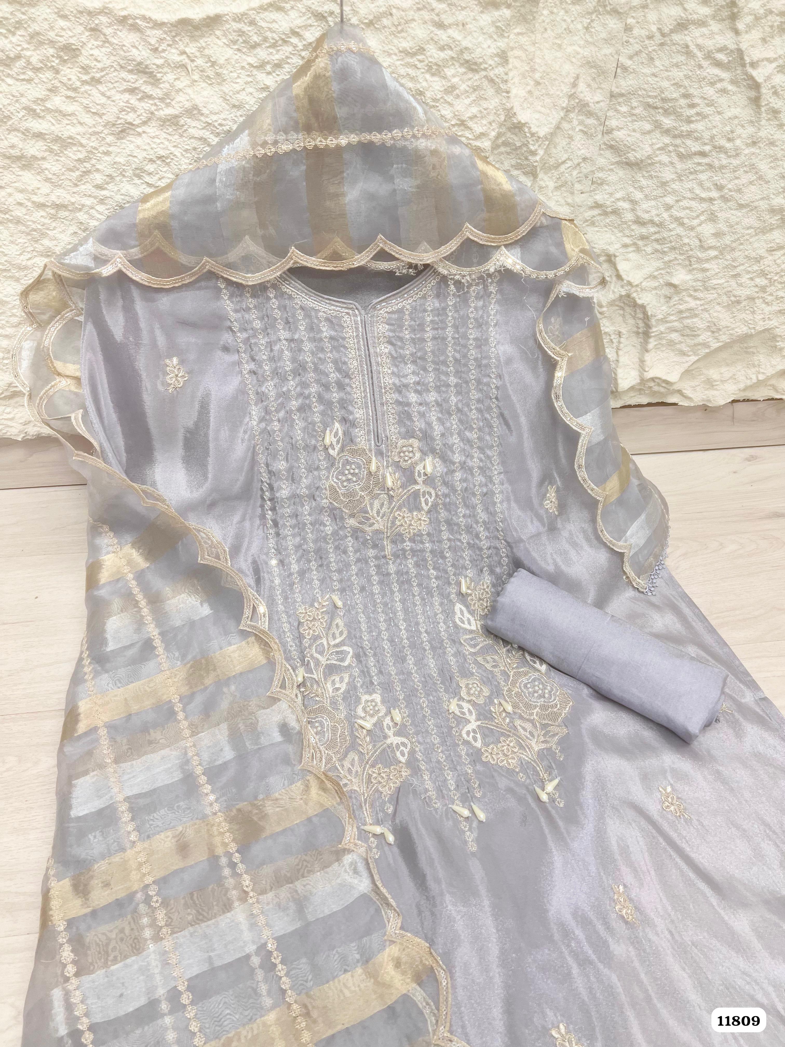 Light Grey Tissue silk unstitched Hand Embroidered -Set Of 3 {11809}