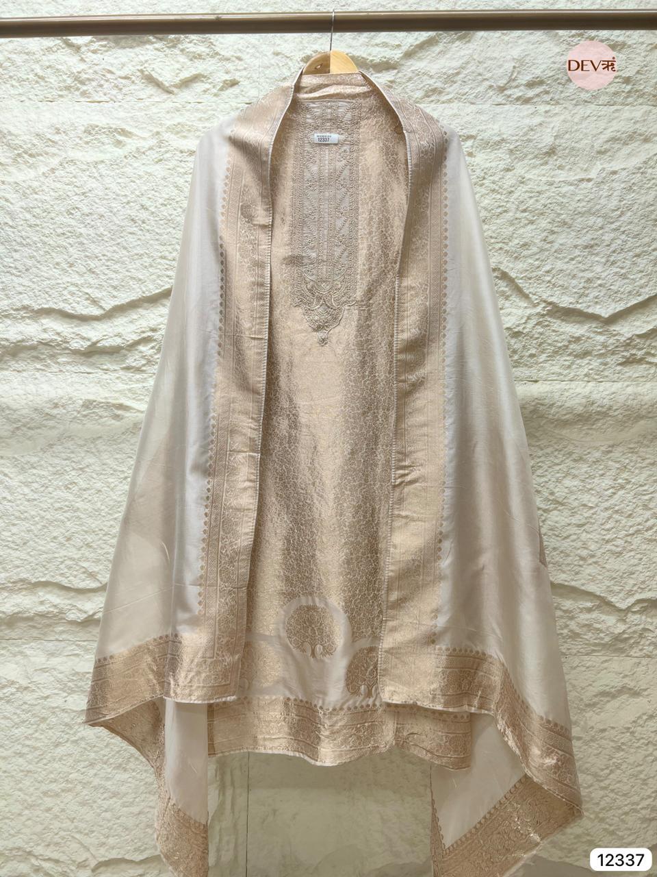 Ivory Beige Pure Banarasi Silk Embroidered Unstitched 3-Piece Suit (Devri – D.No 12337)
