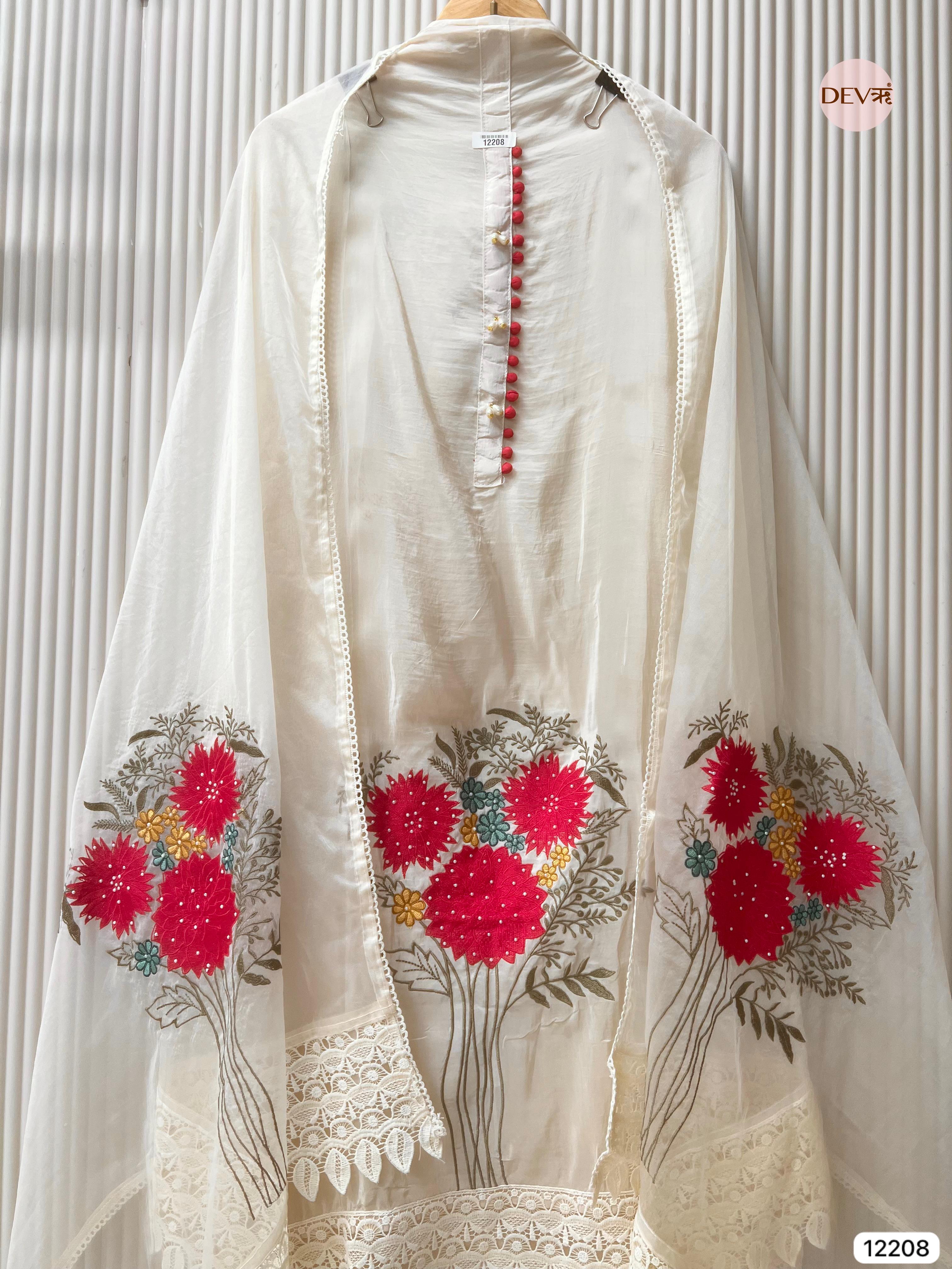 Ivory Glass Organza Embroidered Unstitched 3-Piece Suit (Devri – D.No 12208)