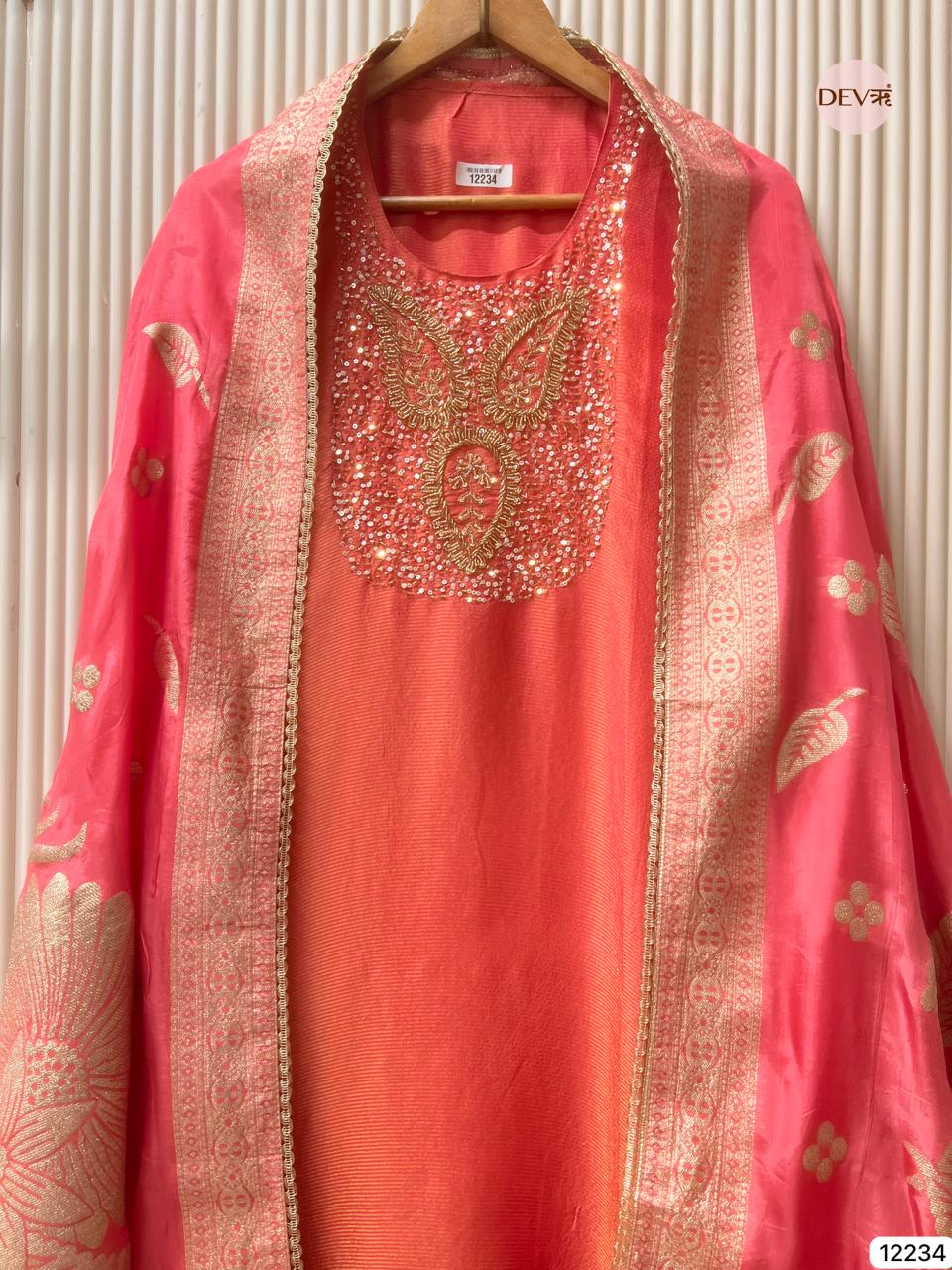 Coral Tissue Shimmer Silk Embroidered Unstitched 3-Piece Suit (Devri – D.No 12234)