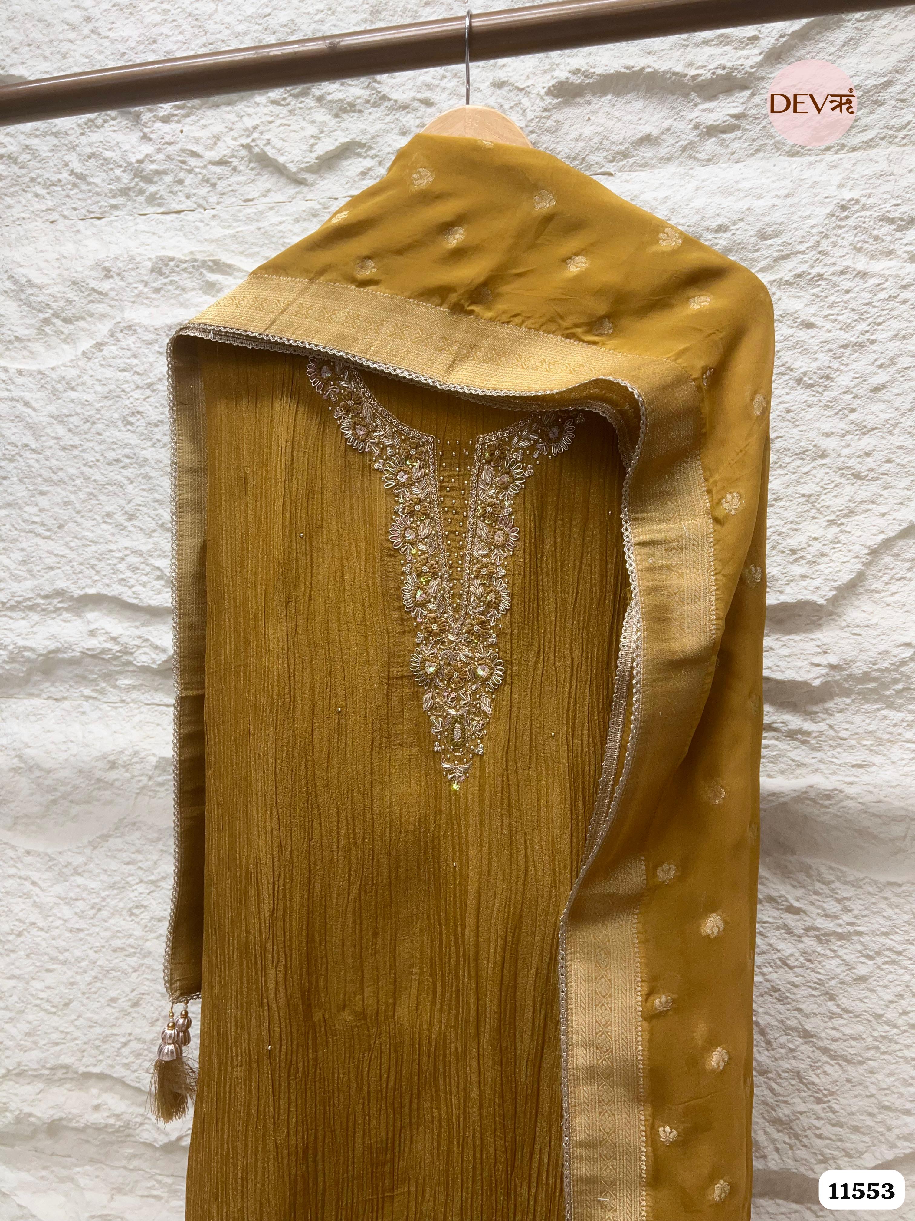 Mustard Yellow Pure Tissue Crush Silk Unstitched Hand Embroidered -Set Of 3 {11553}