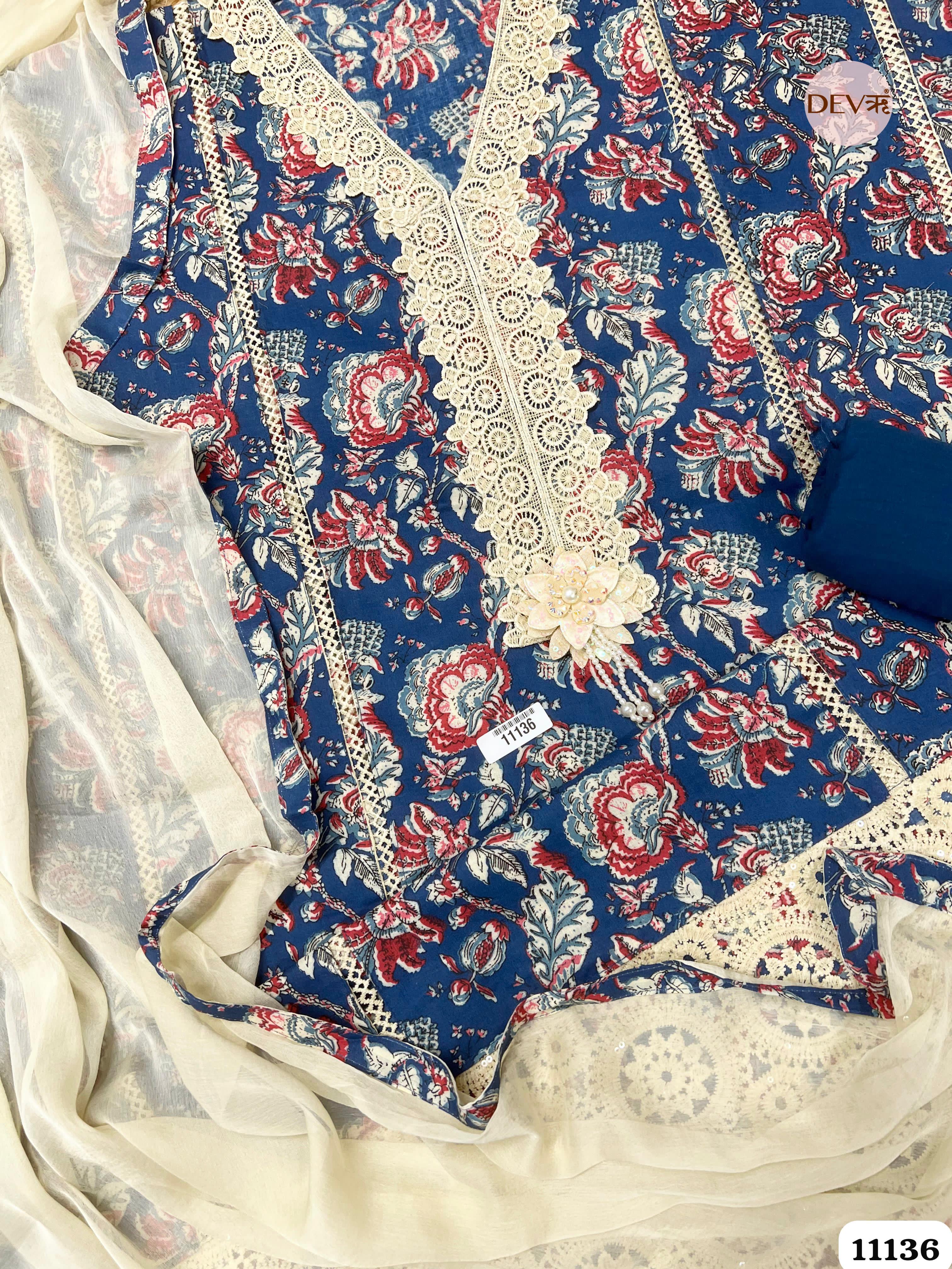 Blue Cotton Unstitched Printed -Set Of 3 {11136}