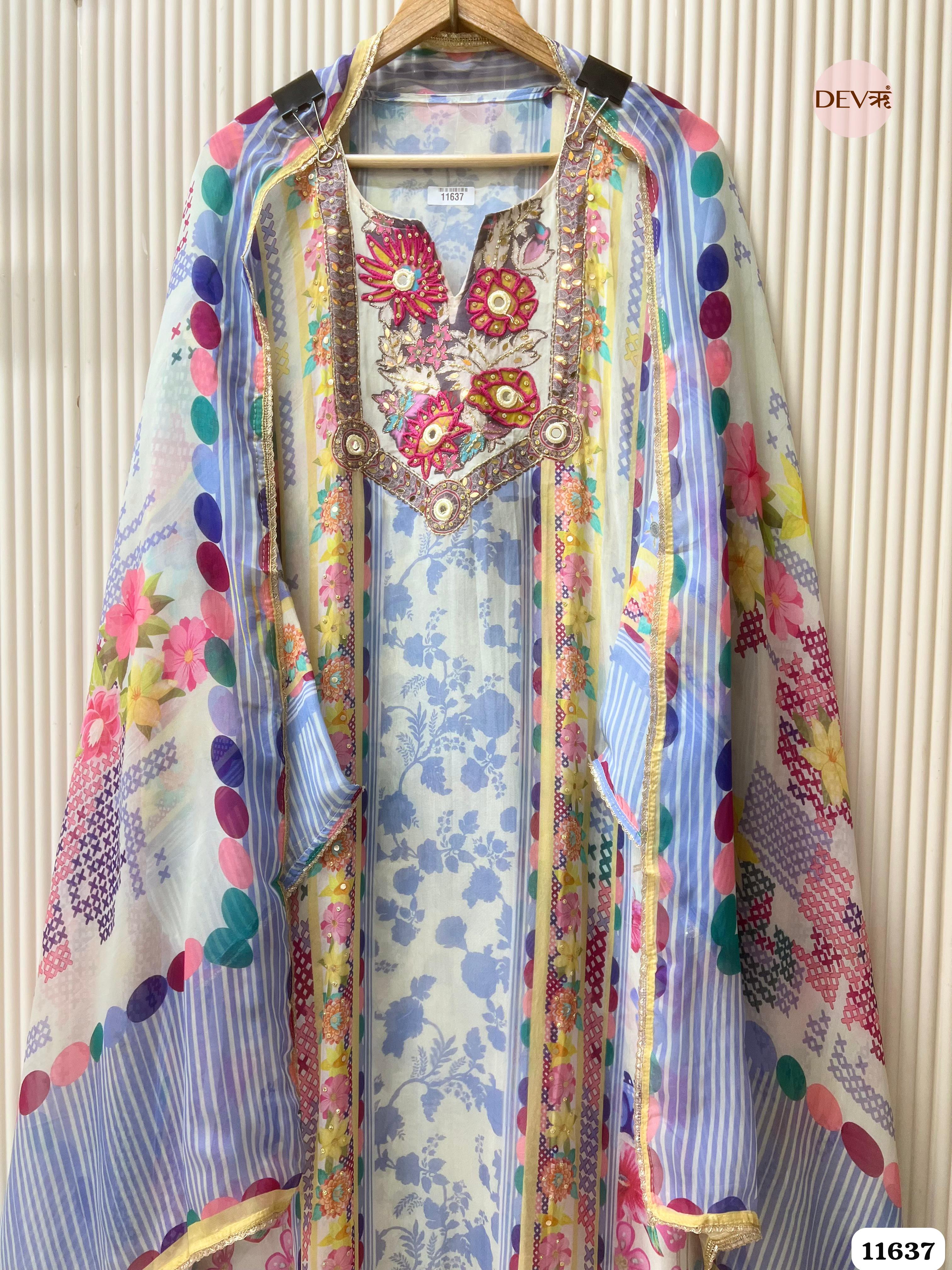Blue Organza Printed Semi Stitched Hand Embroidered -Set Of 3 {11637}