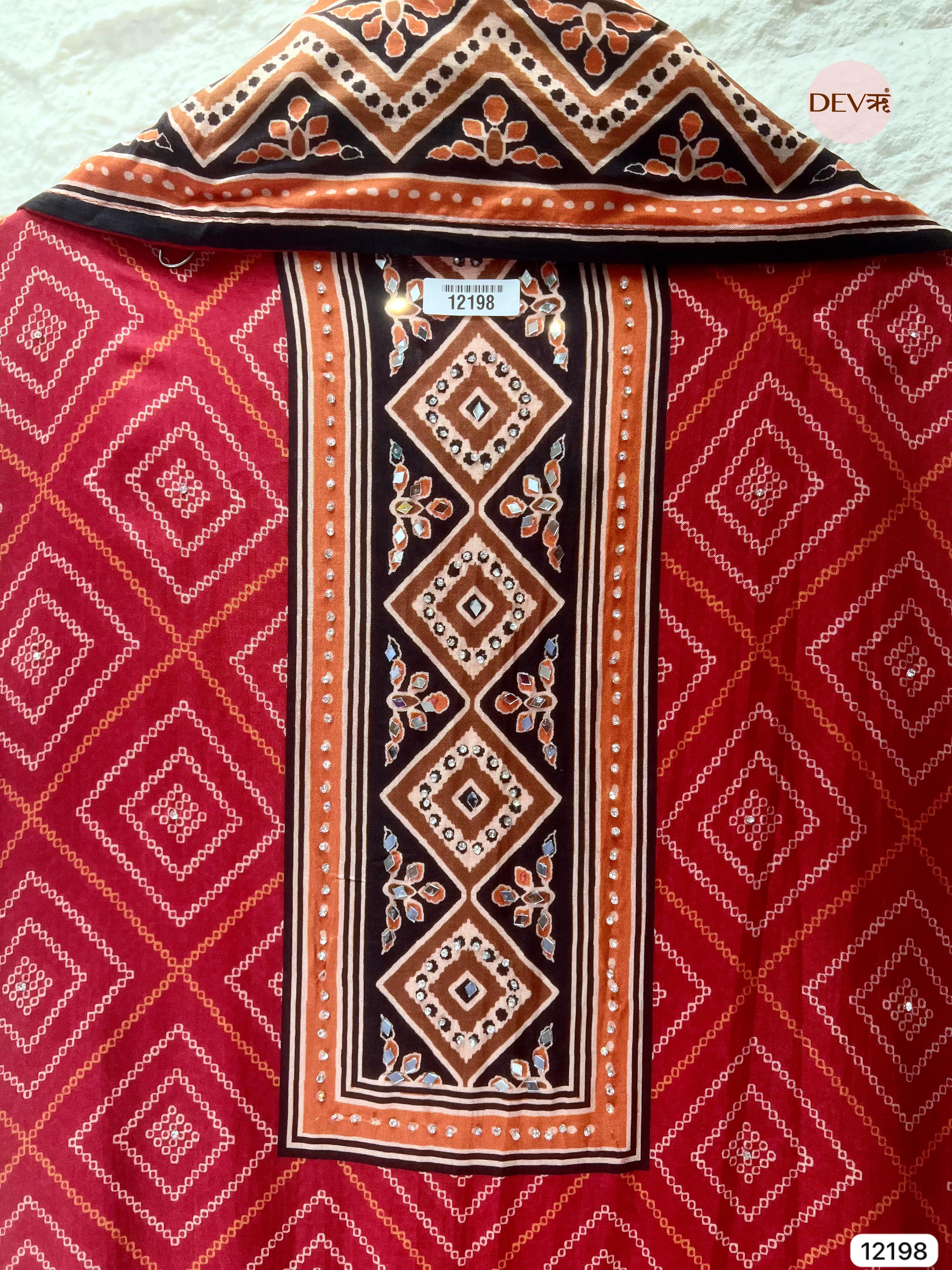 Red Pure russian silk Printed Unstitched Hand Embroidered -Set Of 3 - {12198}