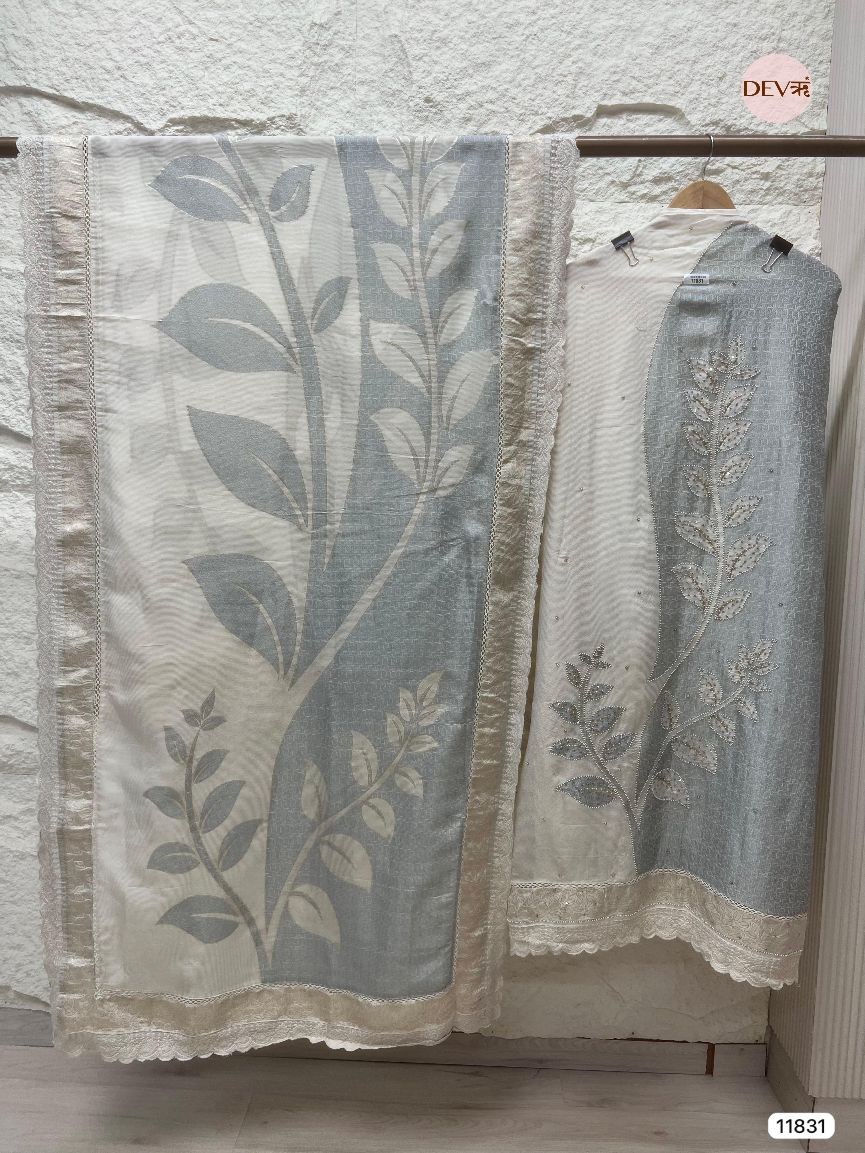 Light Grey/Silver Shimmer Silk Banarasi Weave Unstitched Hand Embroidered -Set Of 3- {11831}