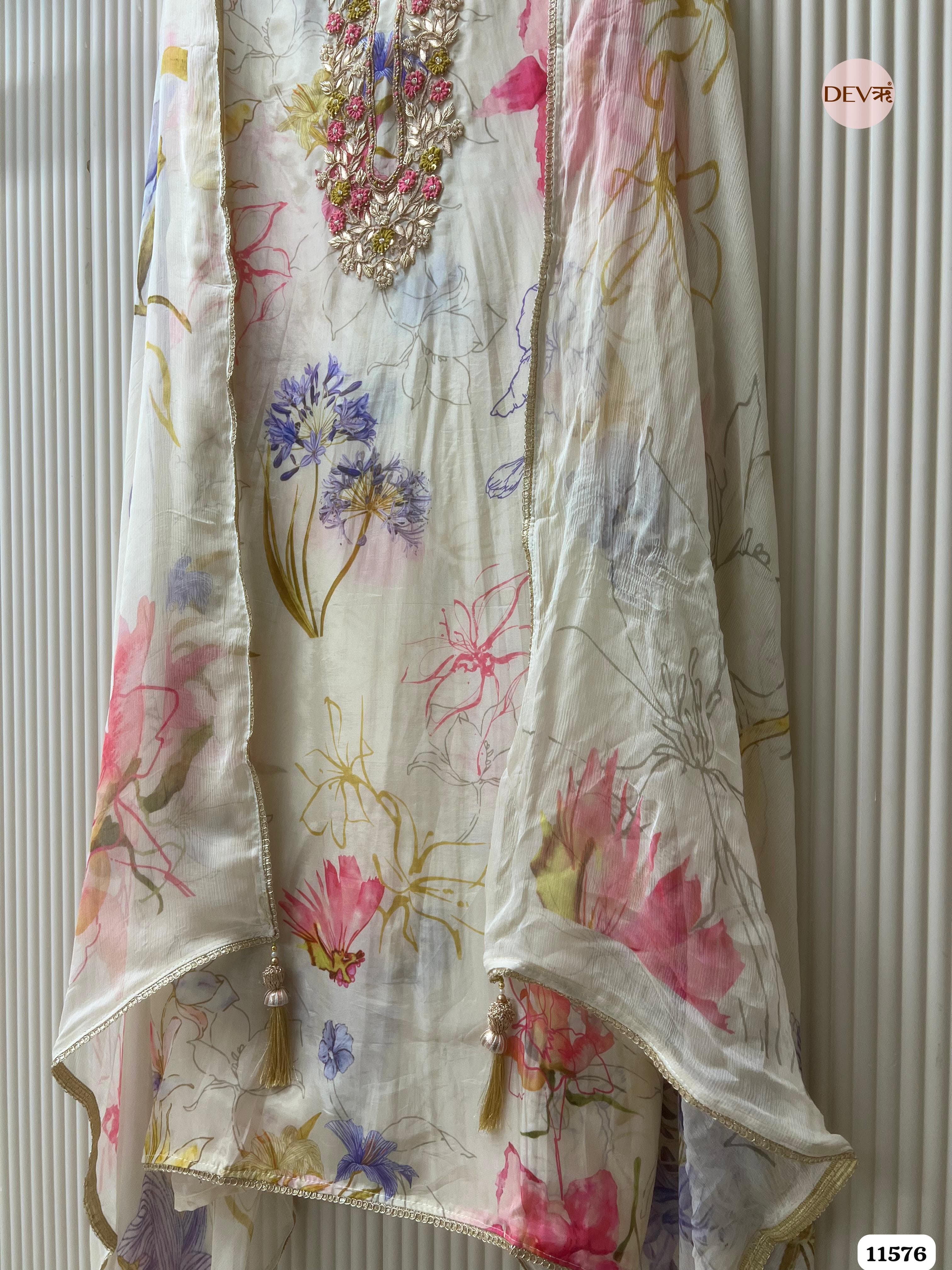 Off-White Or Cream Pure Organza Silk Unstitched Printed Hand Embroidered -Set Of 3 {11576}