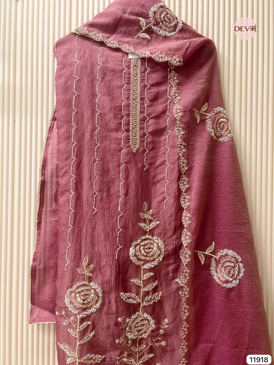 Purple Pure Tissue Crush Unstitched Hand Embroidered -Set Of 3 - {11918}