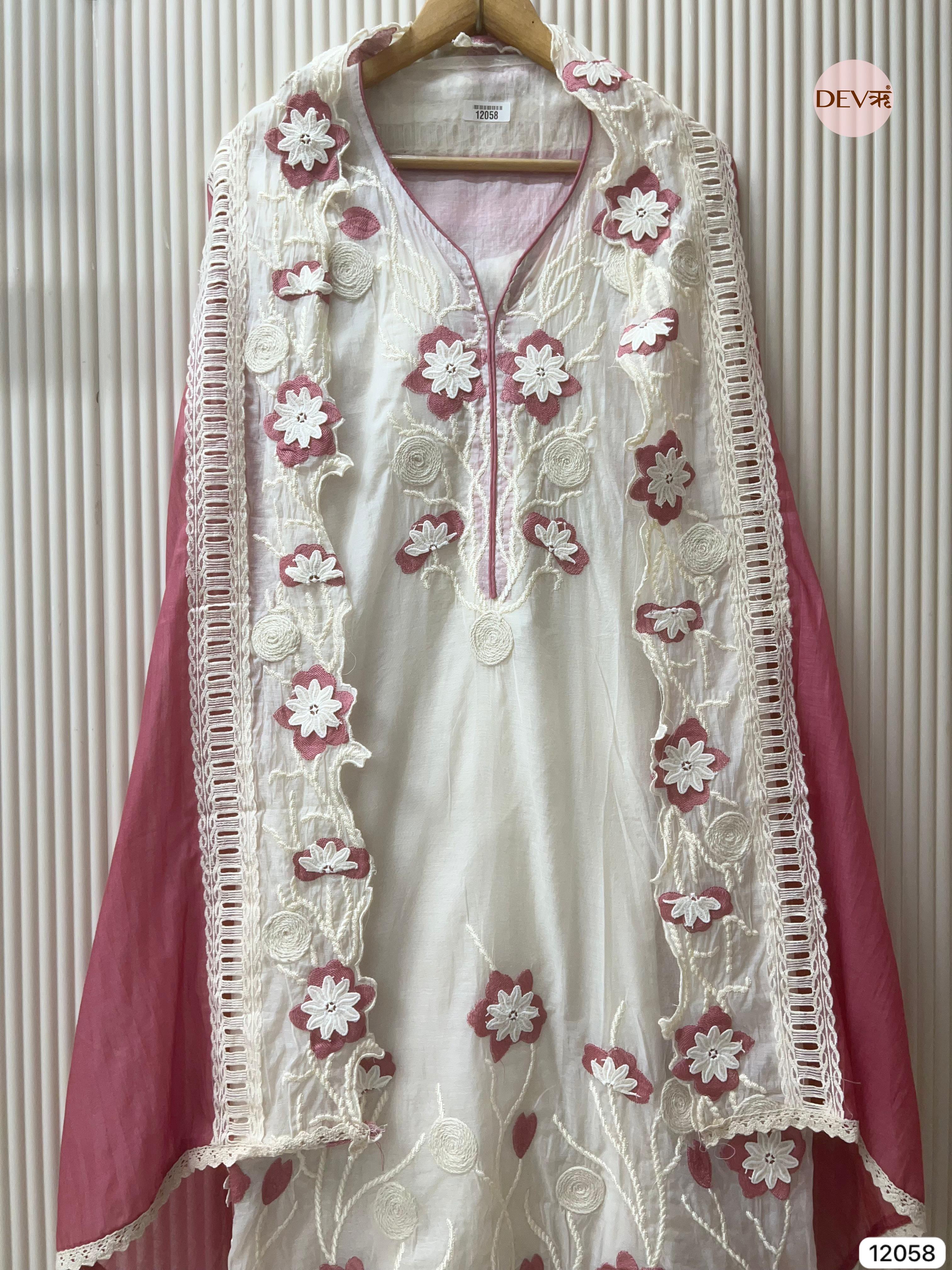 White Mul Chanderi Unstitched With Hand Embroidered -Set Of 3 - {12058}