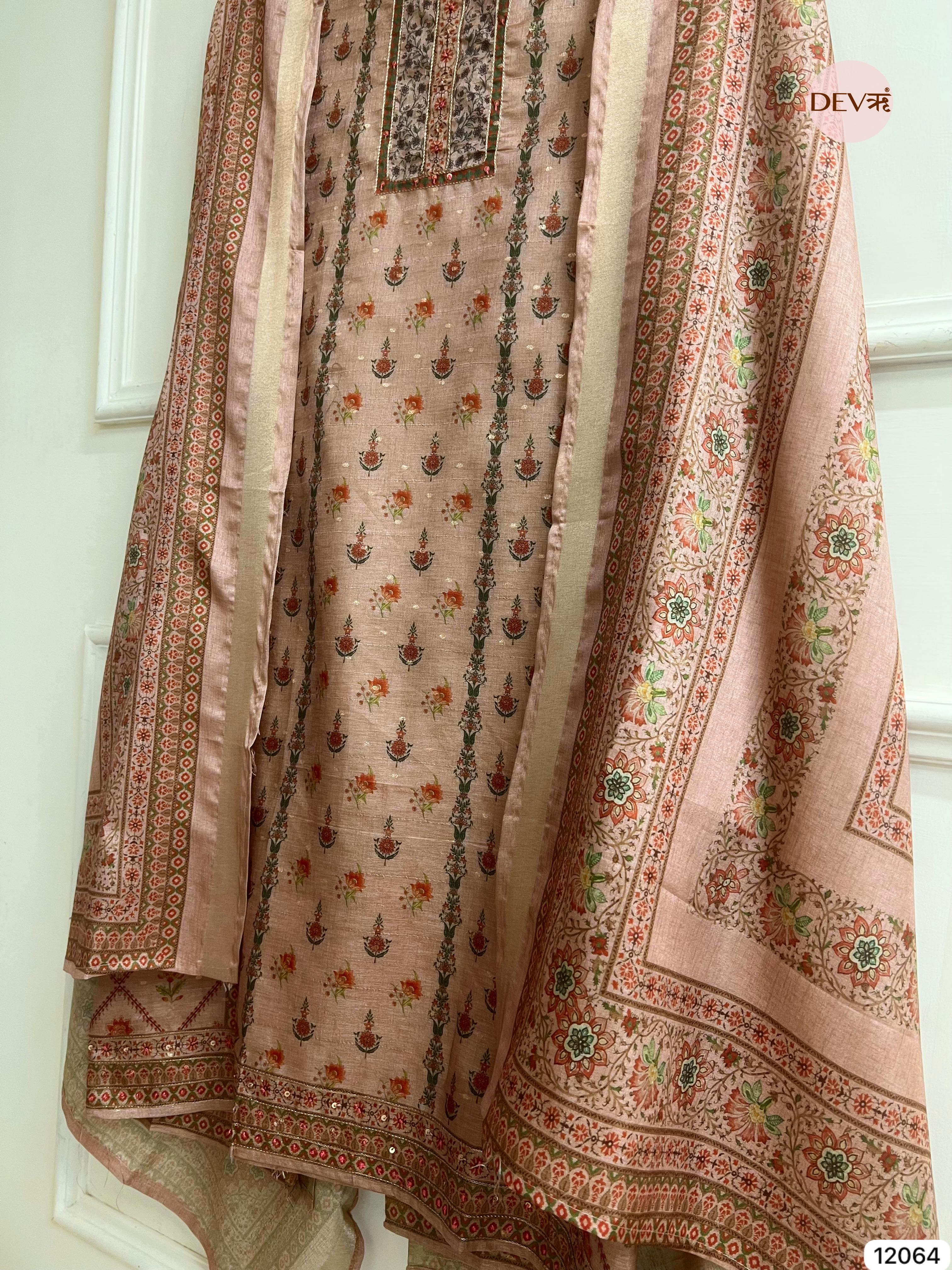 Brown Raw Handloom Silk Unstitched Designer Printed With Hand Embroidery -Set Of 3 - {12064}