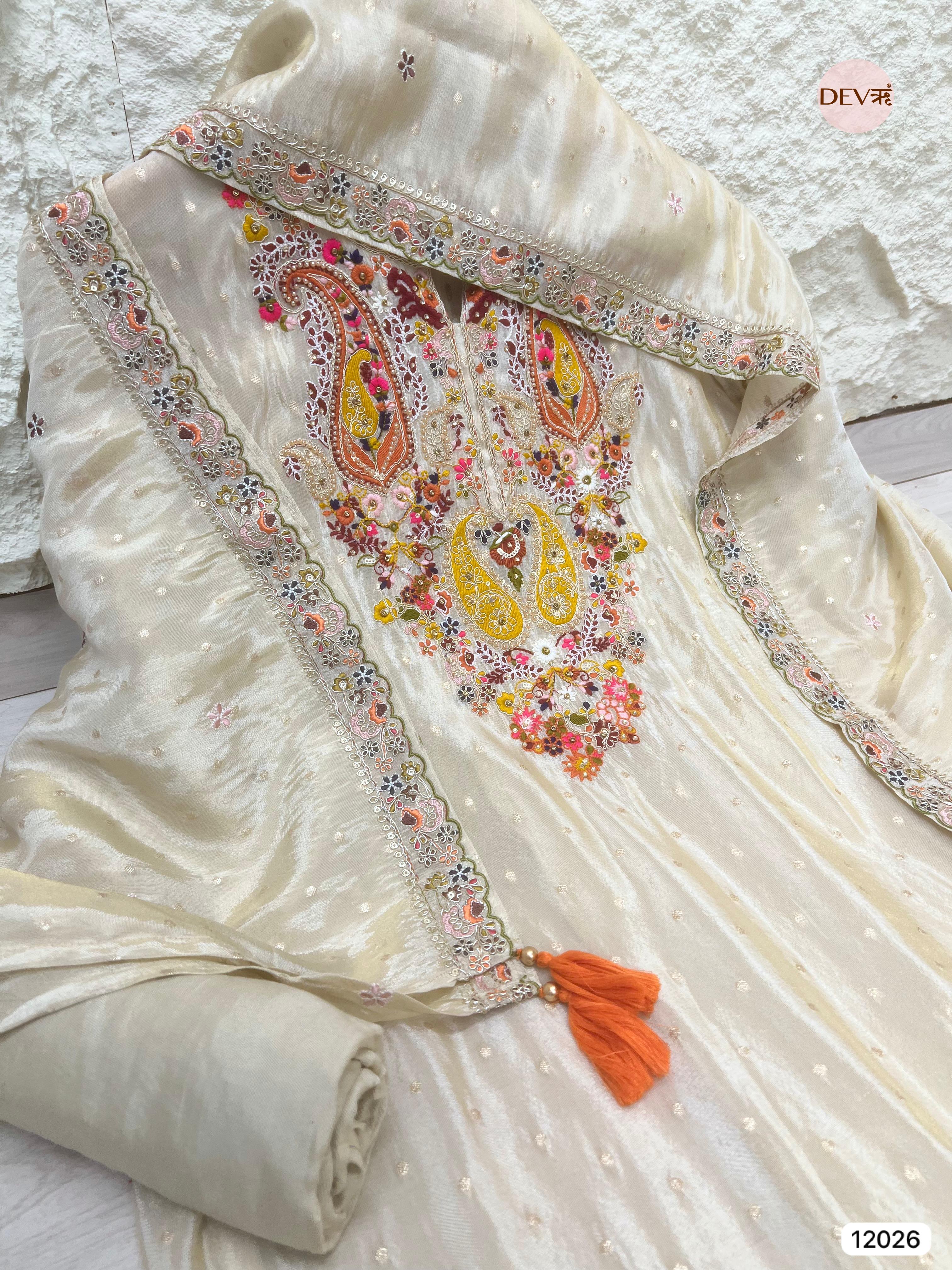 Cream Colour Tissue Shimmer Silk Unstitched Embroidered -Set Of 3 - {12026}