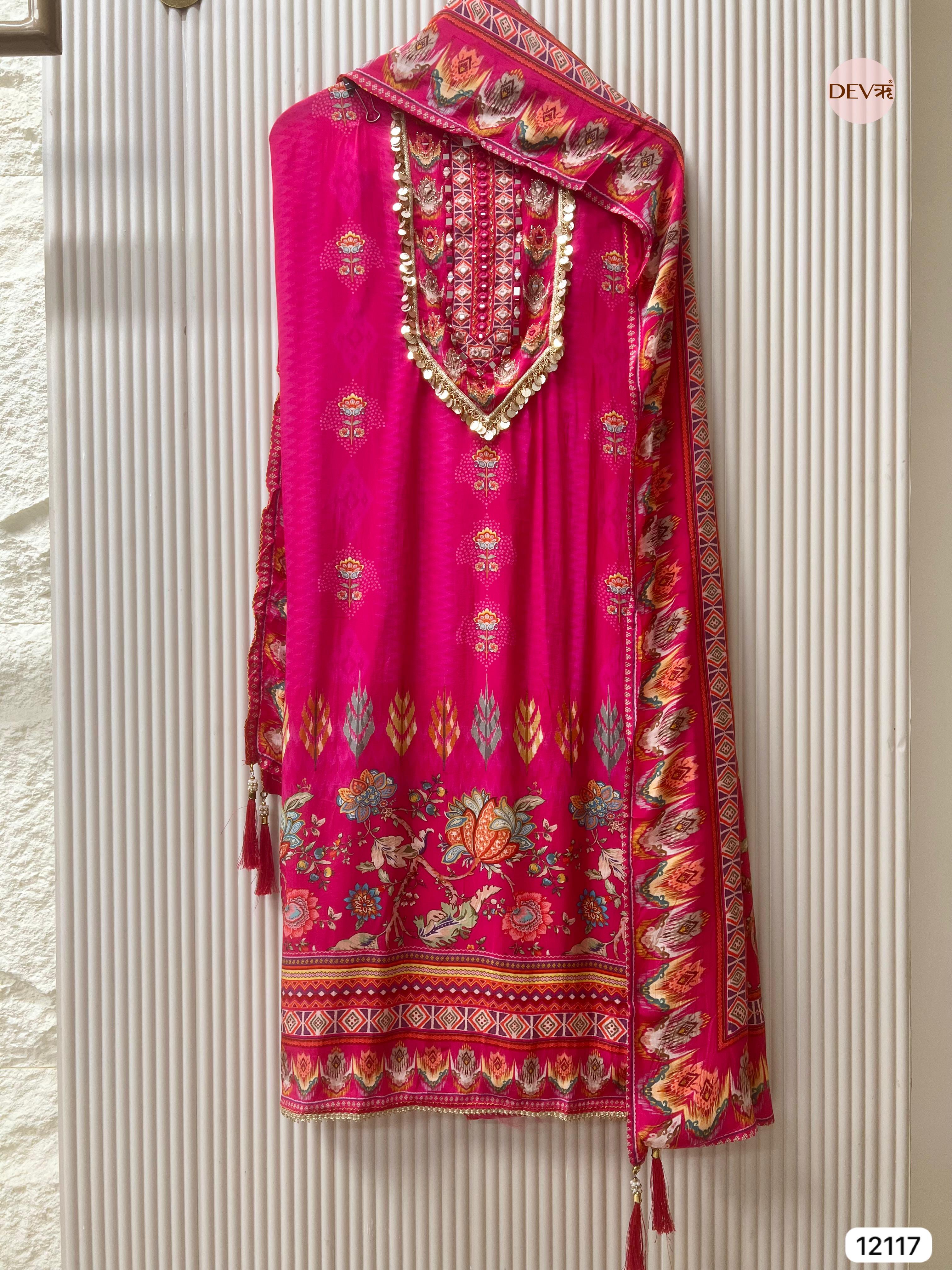 Pink Pure Natural Crepe Unstitched Printed Hand Embroidered - Set Of 3 - {12117}