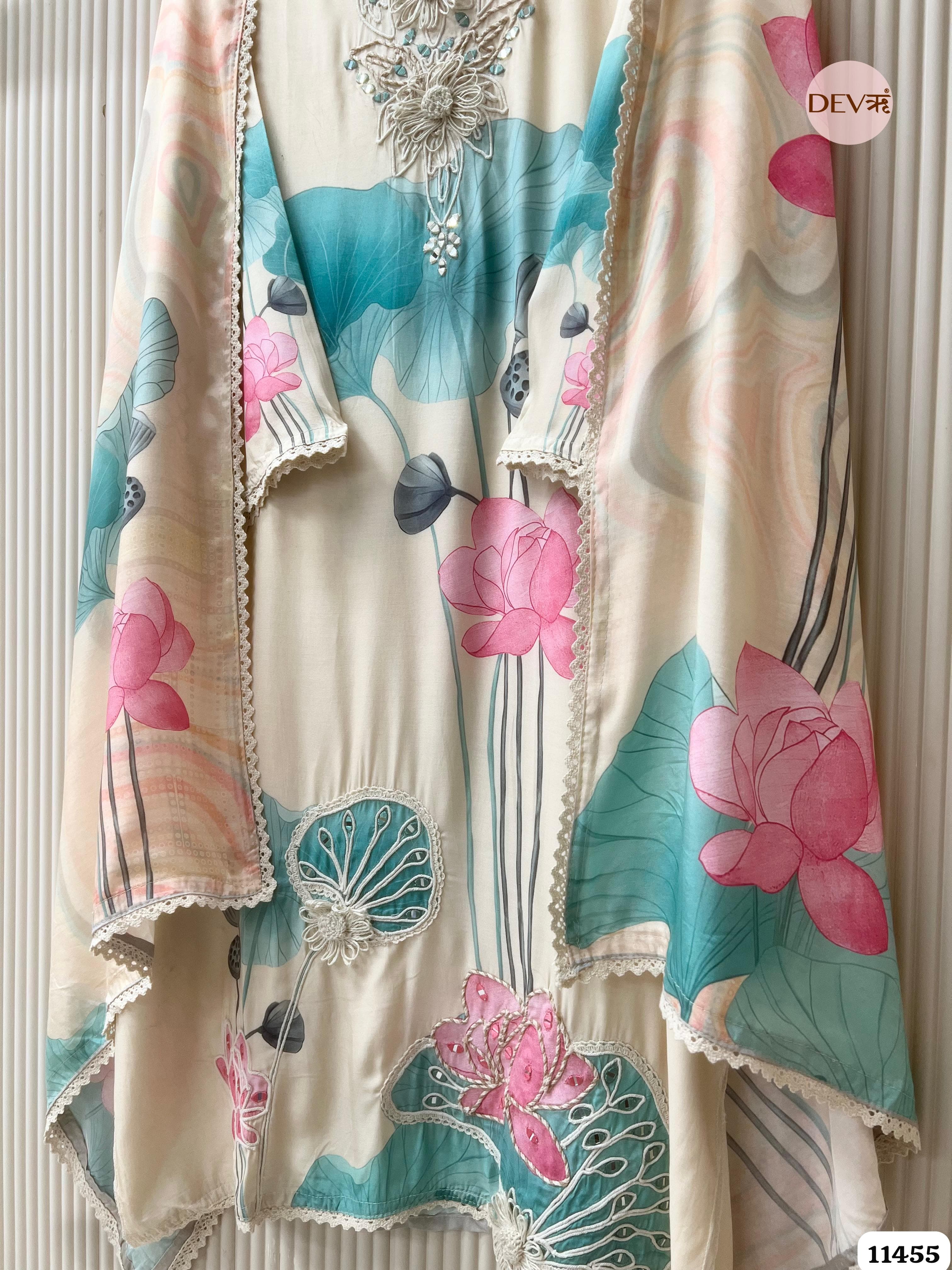 Off-White Or Cream Muslin Printed Semi - Stitched Hand Embroidered -Set Of 3 {11455}