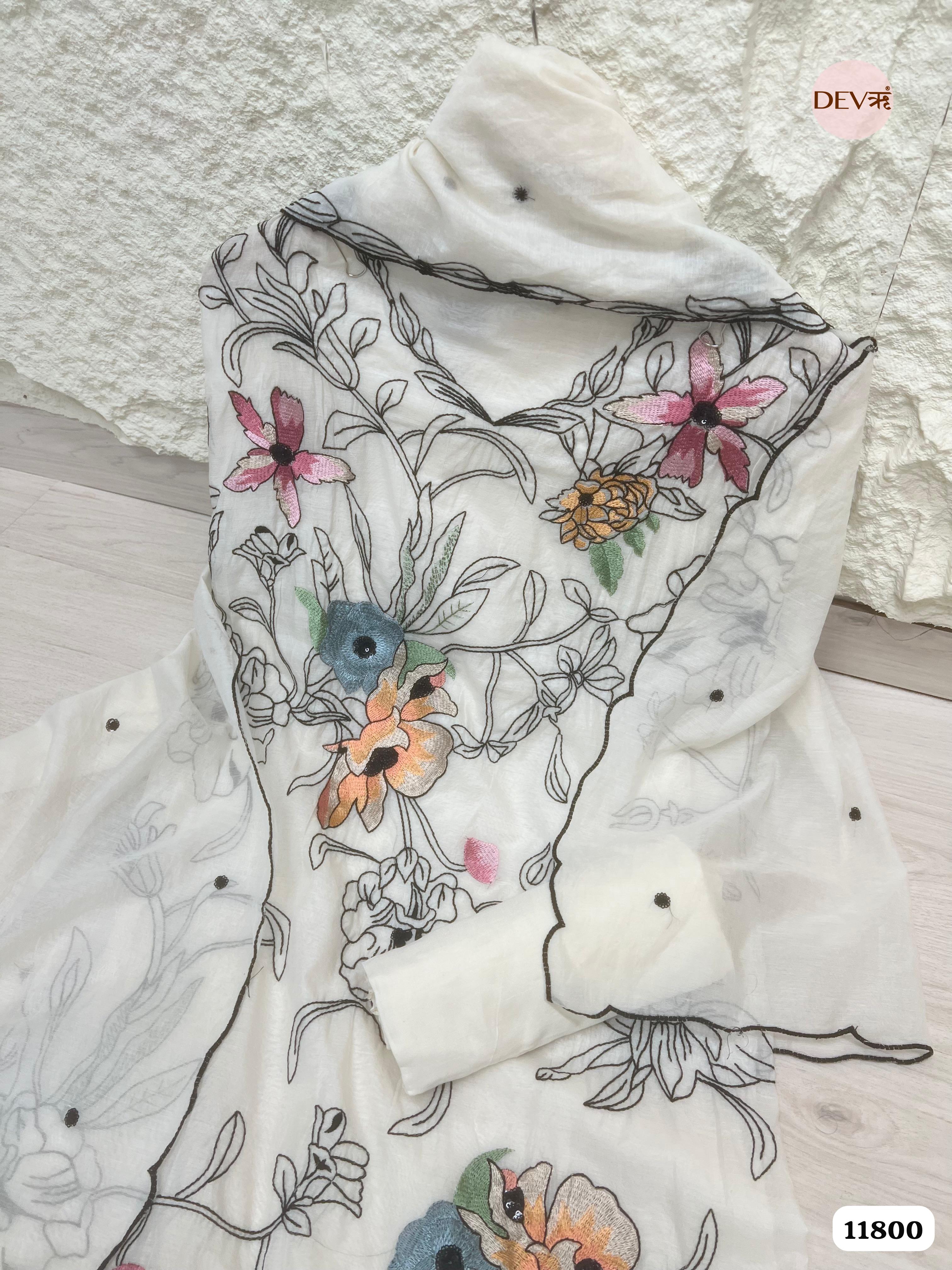White Mul Chanderi Unstitched Embroidered -Set Of 3 {11800}