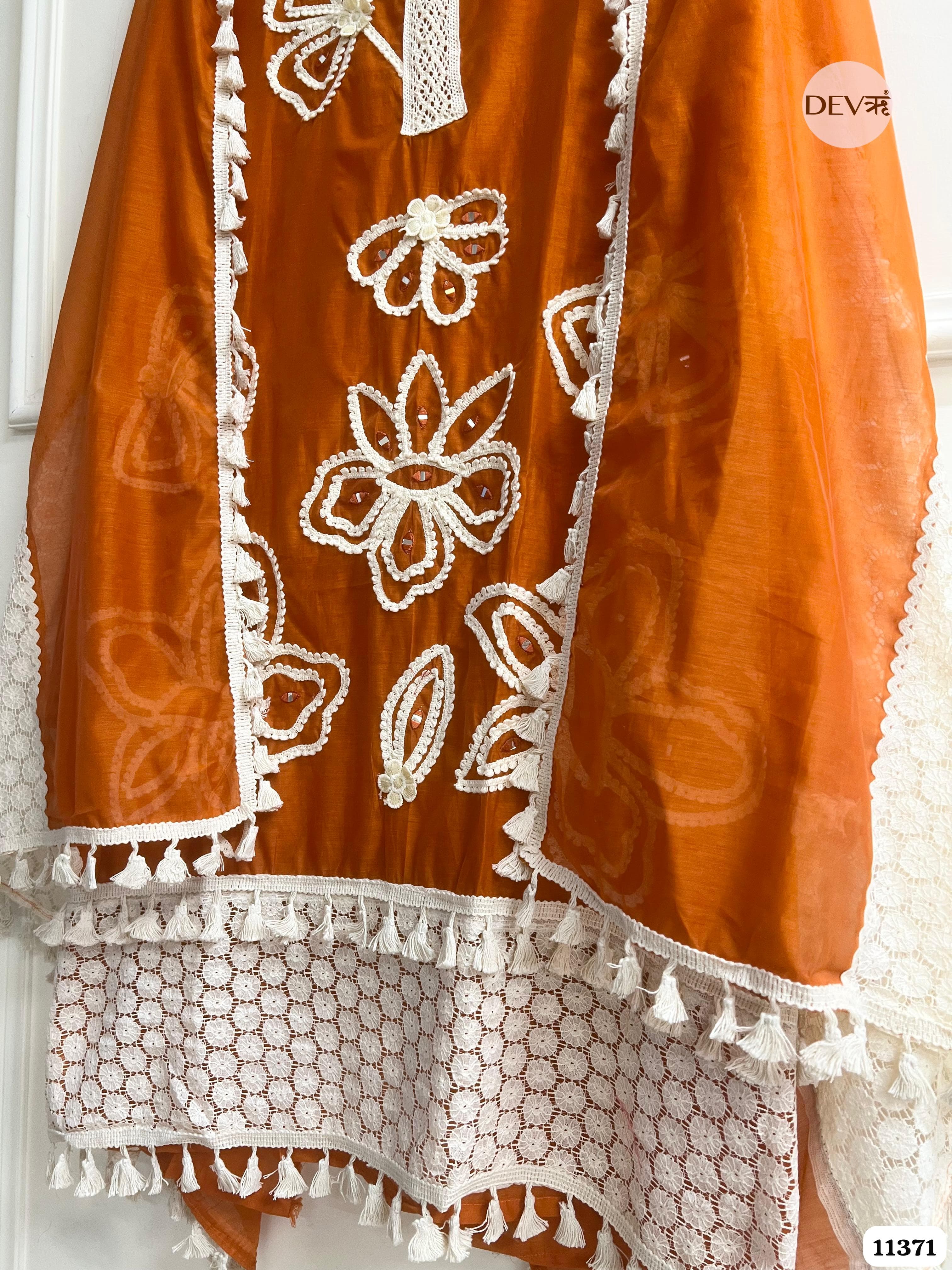 Brown Mul Chanderi Unstitched Hand Embroidered -Set Of 3 {11371}