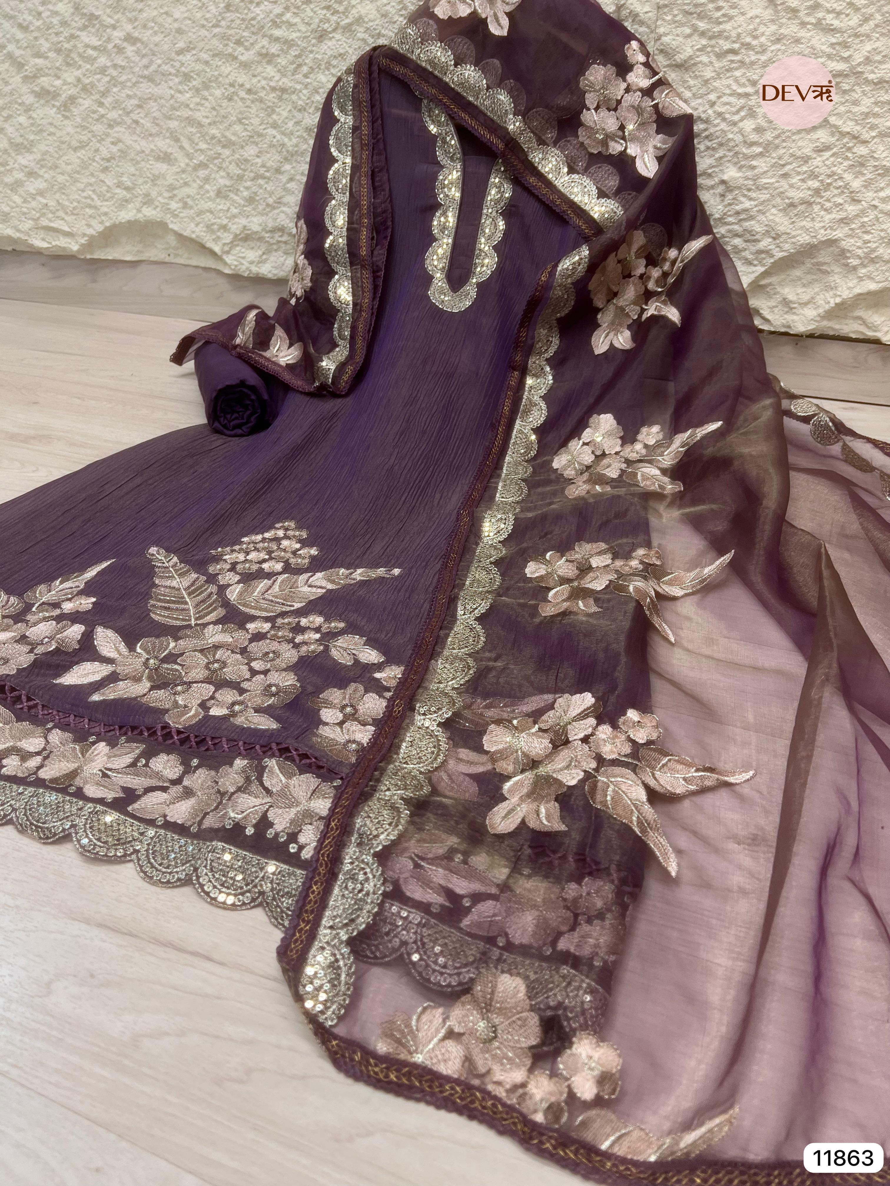 Purple Tissue crush silk unstitched embroidered -Set Of 3- {11863}